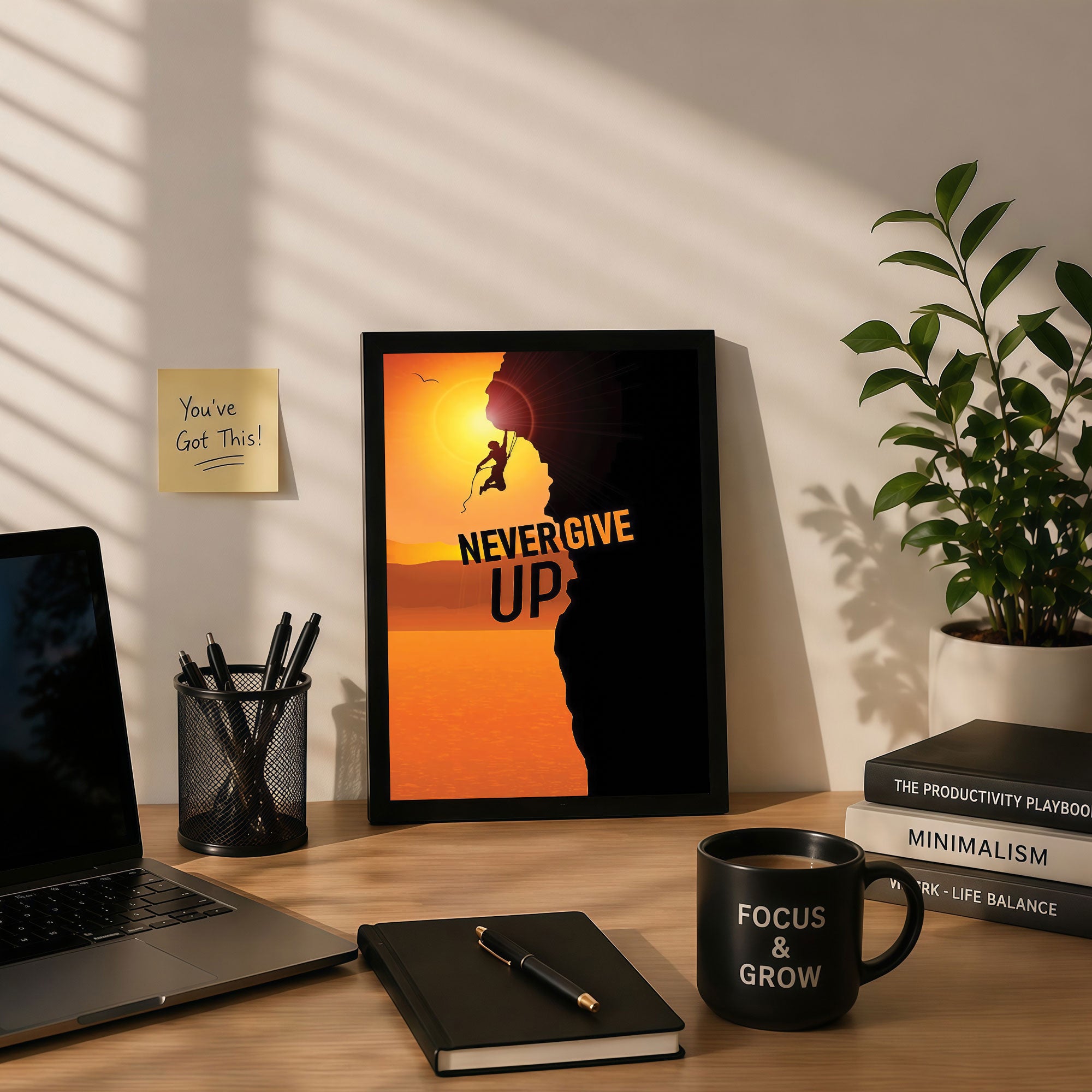 The Castle Decor Never Give Up Wall Art Frame | Inspirational Quote Poster with Climbing Silhouette for Home, Office & Gym Decor