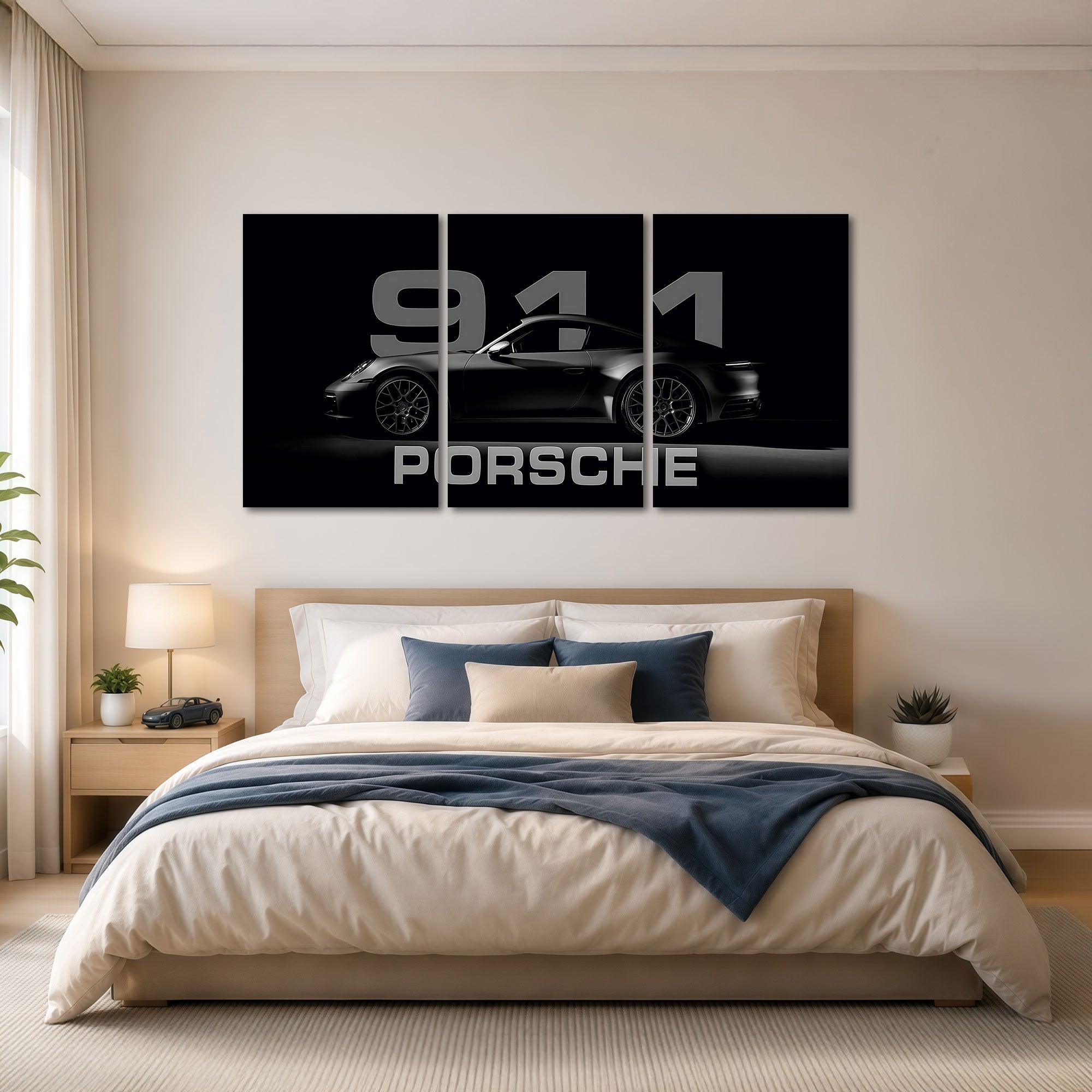 The Castle Decor Porsche 911 Wall Art 3 Panel Painting for Living Room Bedroom Gaming Room Luxury Sports Car Poster Modern Black Car Wall Decor Artwork