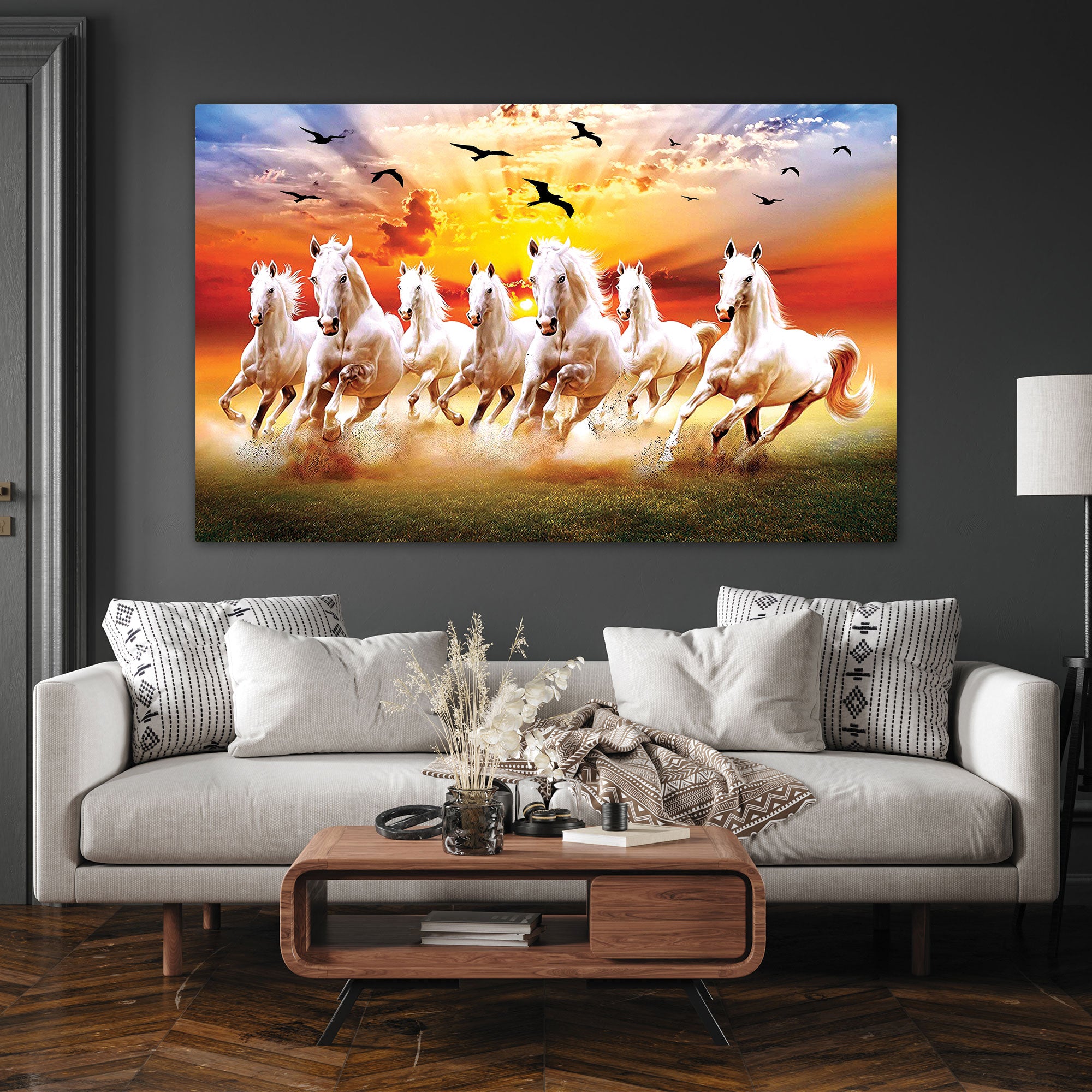 7 running horses sunrise Canvas painting Big Size Wall Art for living room,Bedroom,Drawing room,Hotels