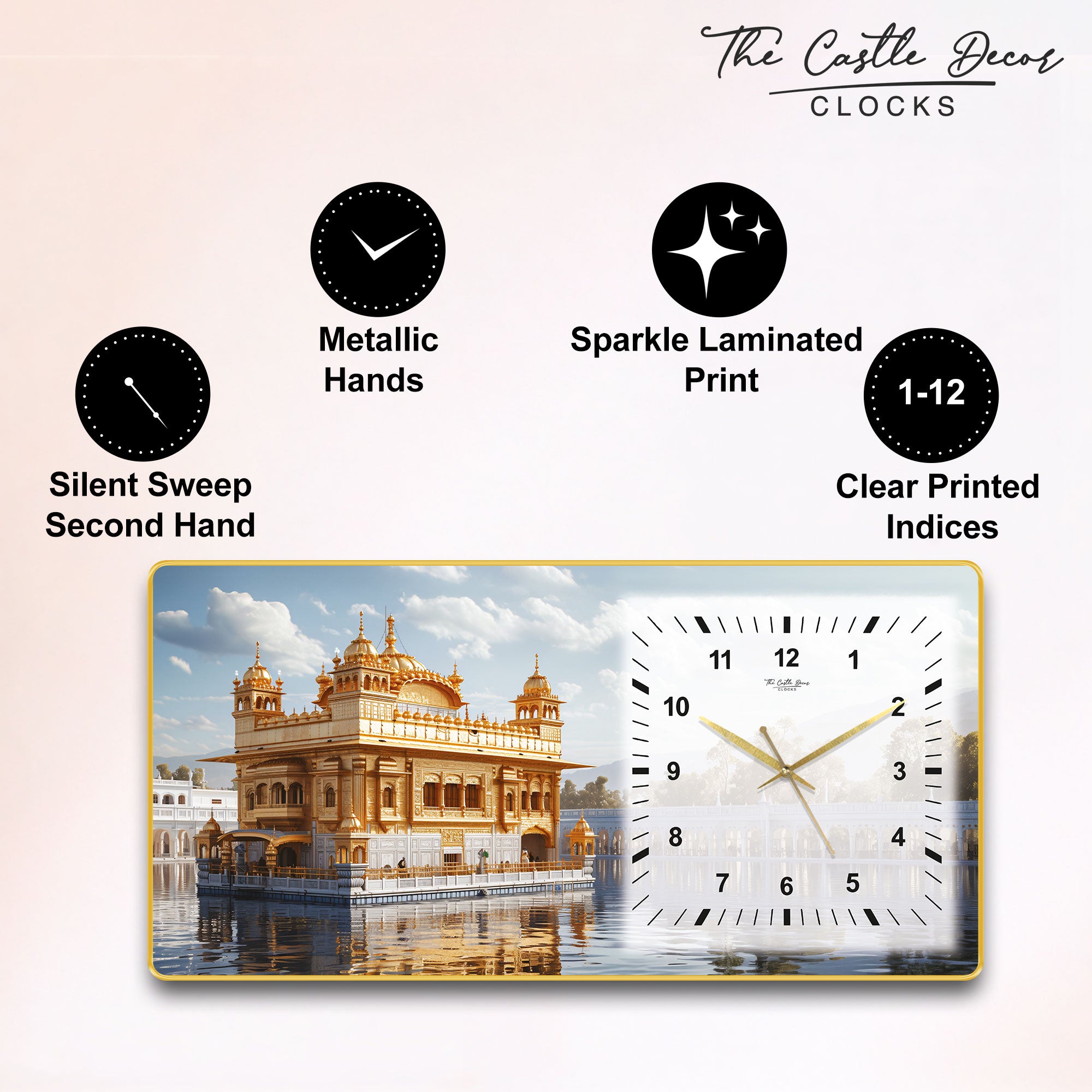 The Castle Decor Golden Temple Wall Clock 24x12 Inch, Silent Sweep Non-Ticking Decorative Clock with Golden Slim Frame