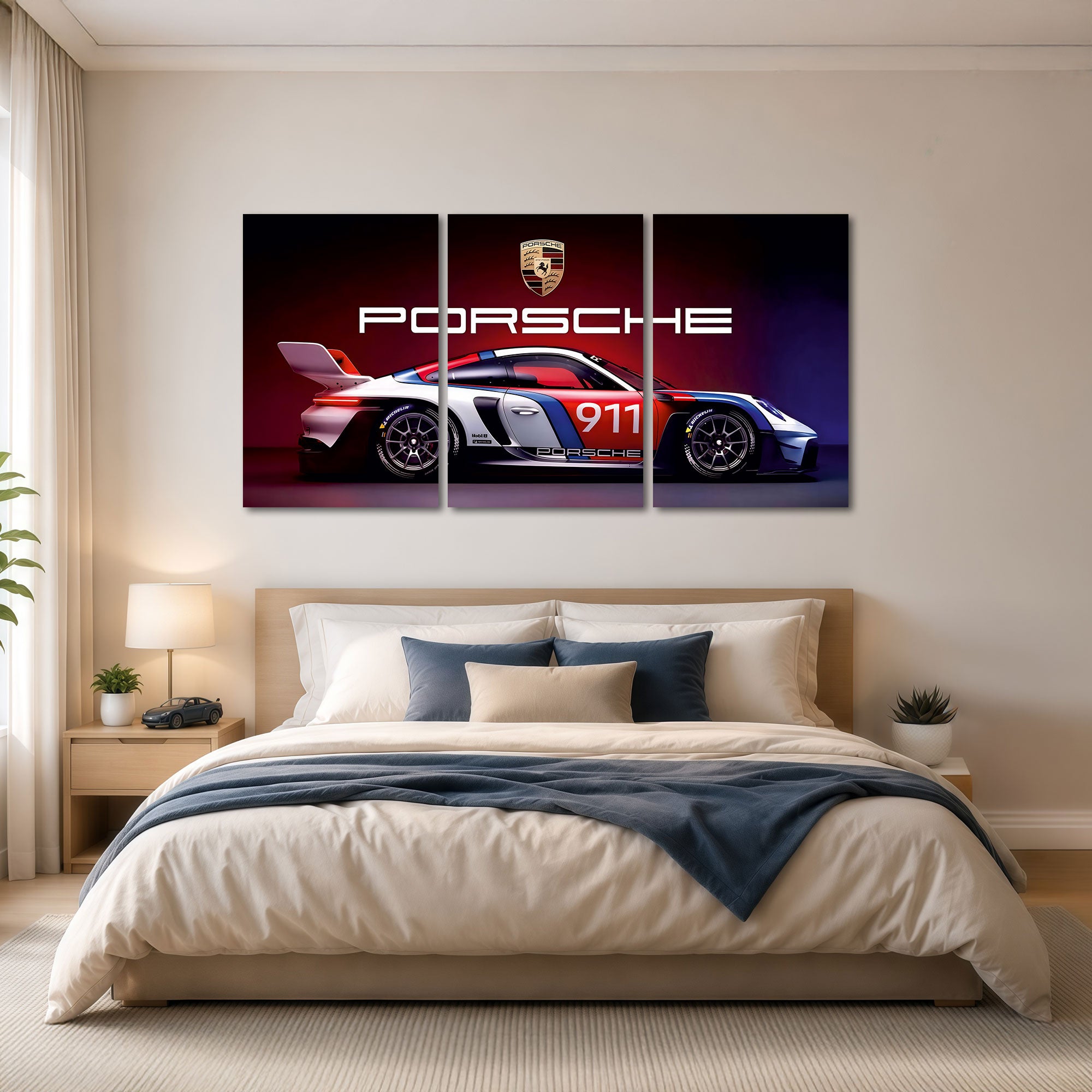 The Castle Decor Porsche Racing Car Wall Art Set of 3 MDF Painting Luxury Sports Car Wall Decor for Men Gamers Bedroom Gaming Room Office Home Decoration
