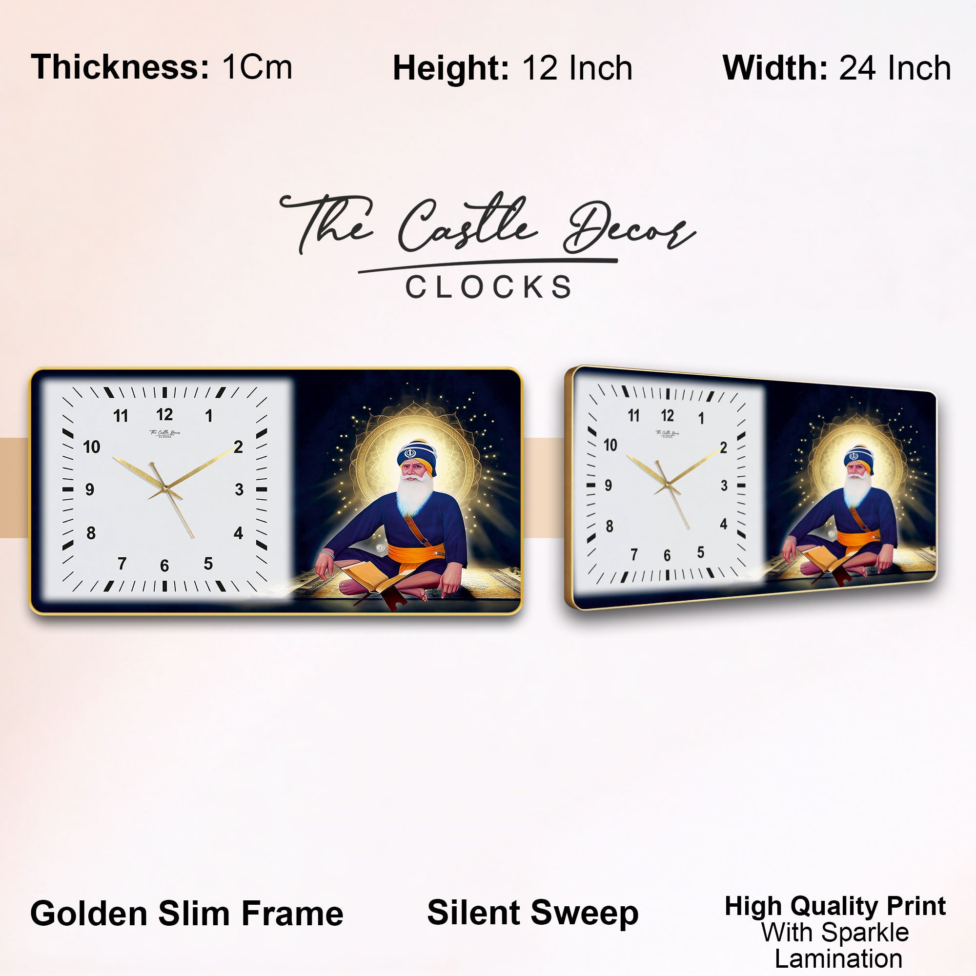 The Castle Decor Baba Deep Singh Ji Wall Clock 24x12 Inch, Silent Sweep Non-Ticking Decorative Clock with Golden Slim Frame