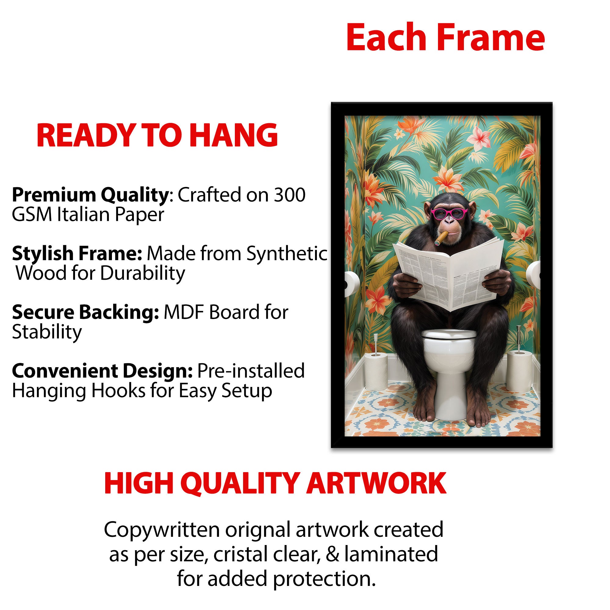 The Castle Decor Funny Chimpanzee Reading Newspaper on Toilet Framed Wall Art – Cool Monkey with Sunglasses Smoking Cigar in Bathroom Framed Poster, Tropical Jungle Restroom Decor