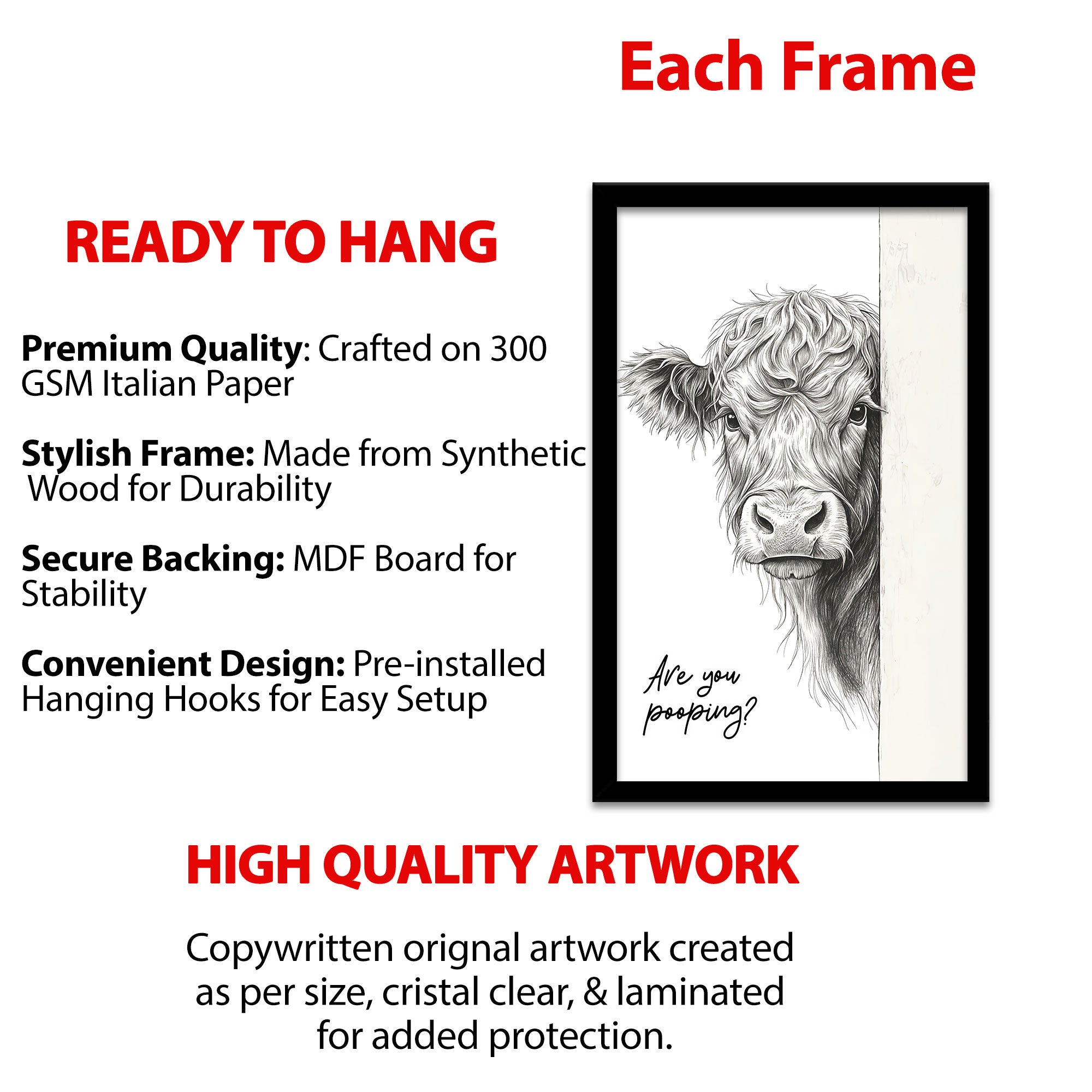 The Castle Decor Funny Highland Cow Peeking Are You Pooping Framed Wall Art – Rustic Farmhouse Animal Sketch Framed Poster, Humorous Country Bathroom Restroom Decor