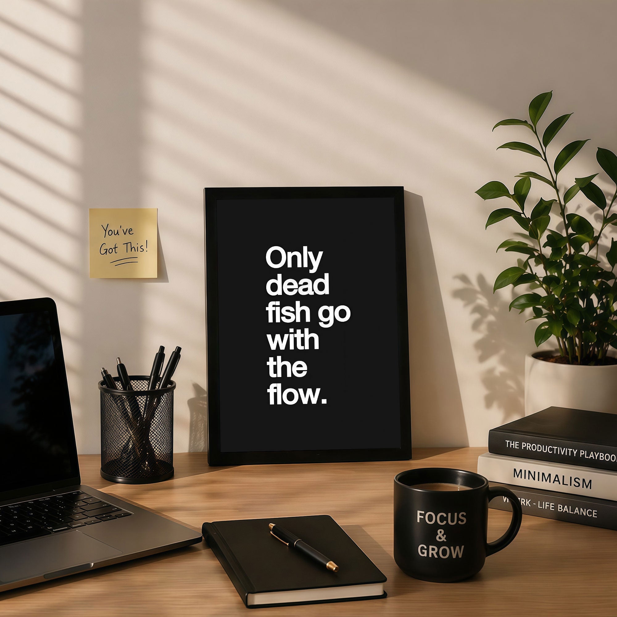 The Castle Decor Only Dead Fish Go With The Flow Wall Art Frame | Bold Motivational Quote Decor for Office & Home