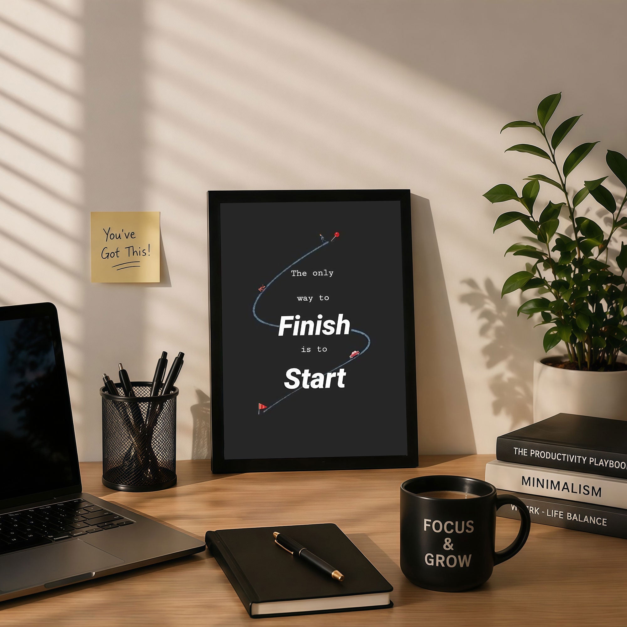 The Castle Decor Motivational Wall Art “The Only Way to Finish is to Start” Frame | Success Quote Poster for Office, Study Room, Gym | Premium HD Print with Sparkle Finish