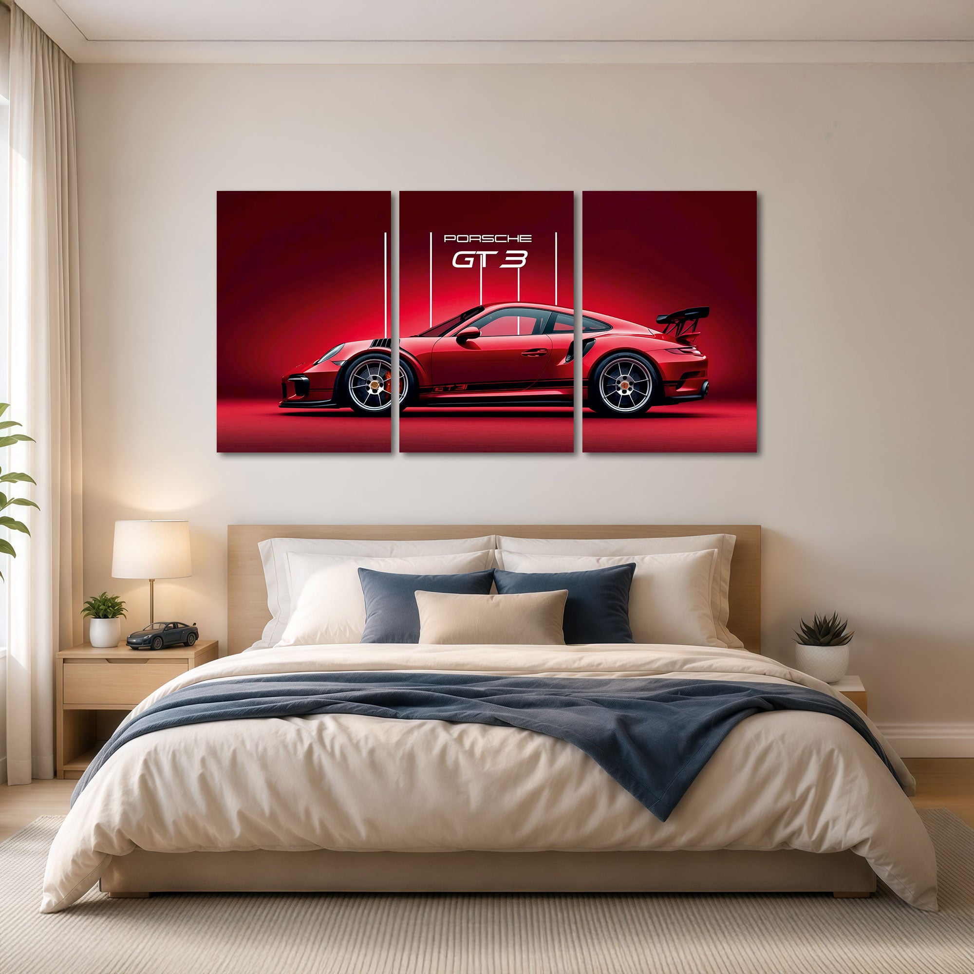 The Castle Decor Porsche GT3 Wall Art 3 Panel Painting Red Sports Car Poster Luxury Supercar Wall Decor for Bedroom Gaming Room Office Living Room