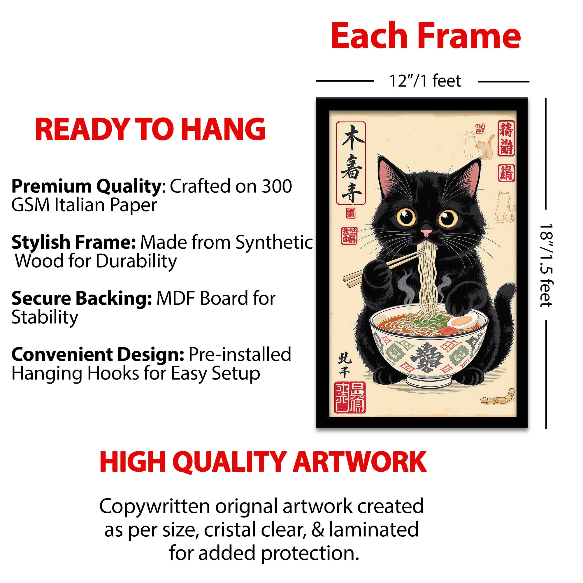 The Castle Decor Cute Cat Eating Ramen Wall Art Frame | Japanese Kitchen Decor | Sparkle Finish Painting with Premium Fiber Frame for Home, Café & Dining