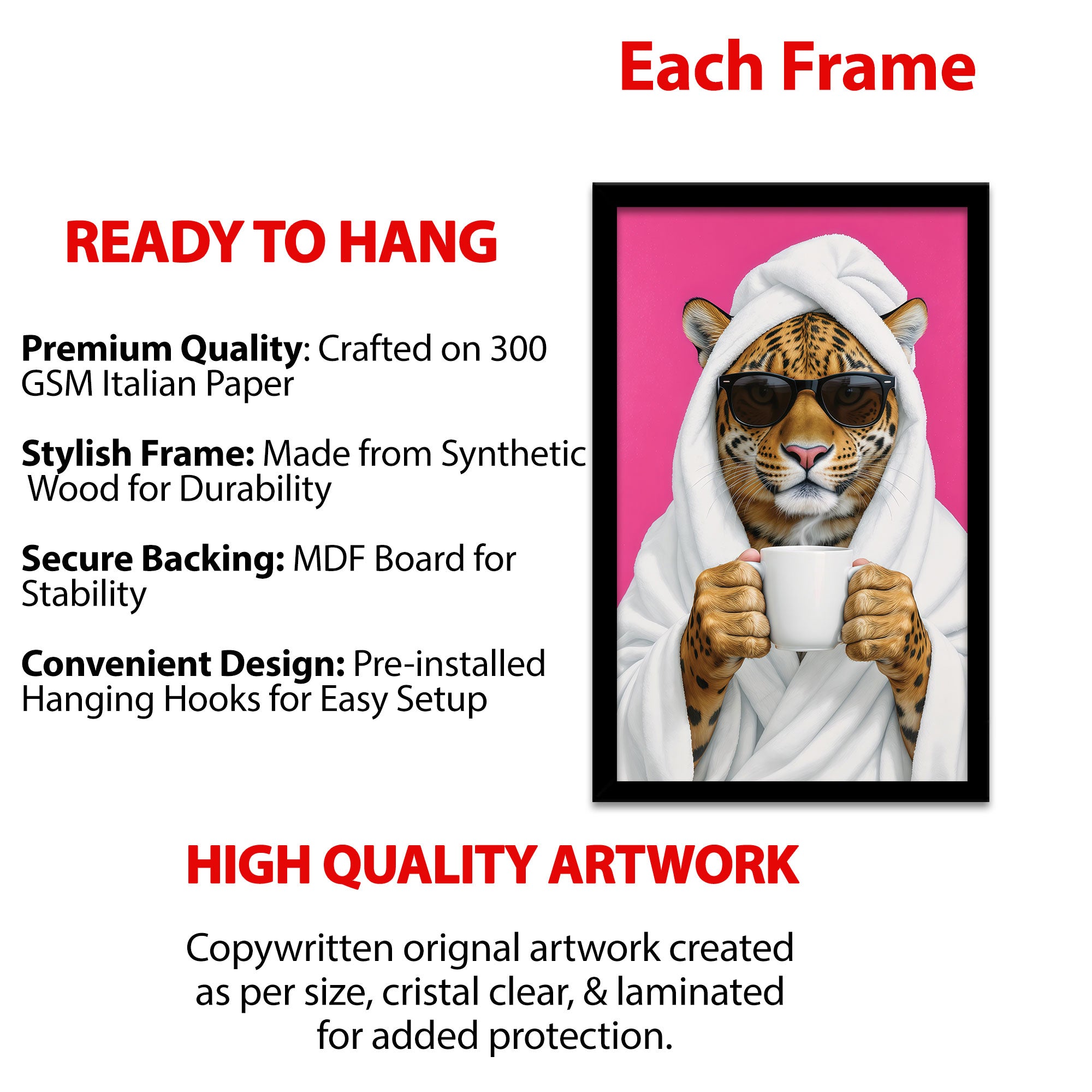The Castle Decor Cute Leopard in White Bathrobe holding Coffee Mug Framed Wall Art – Funny Animal with Sunglasses Spa Bathroom Framed Poster, Humorous Powder Room Decor
