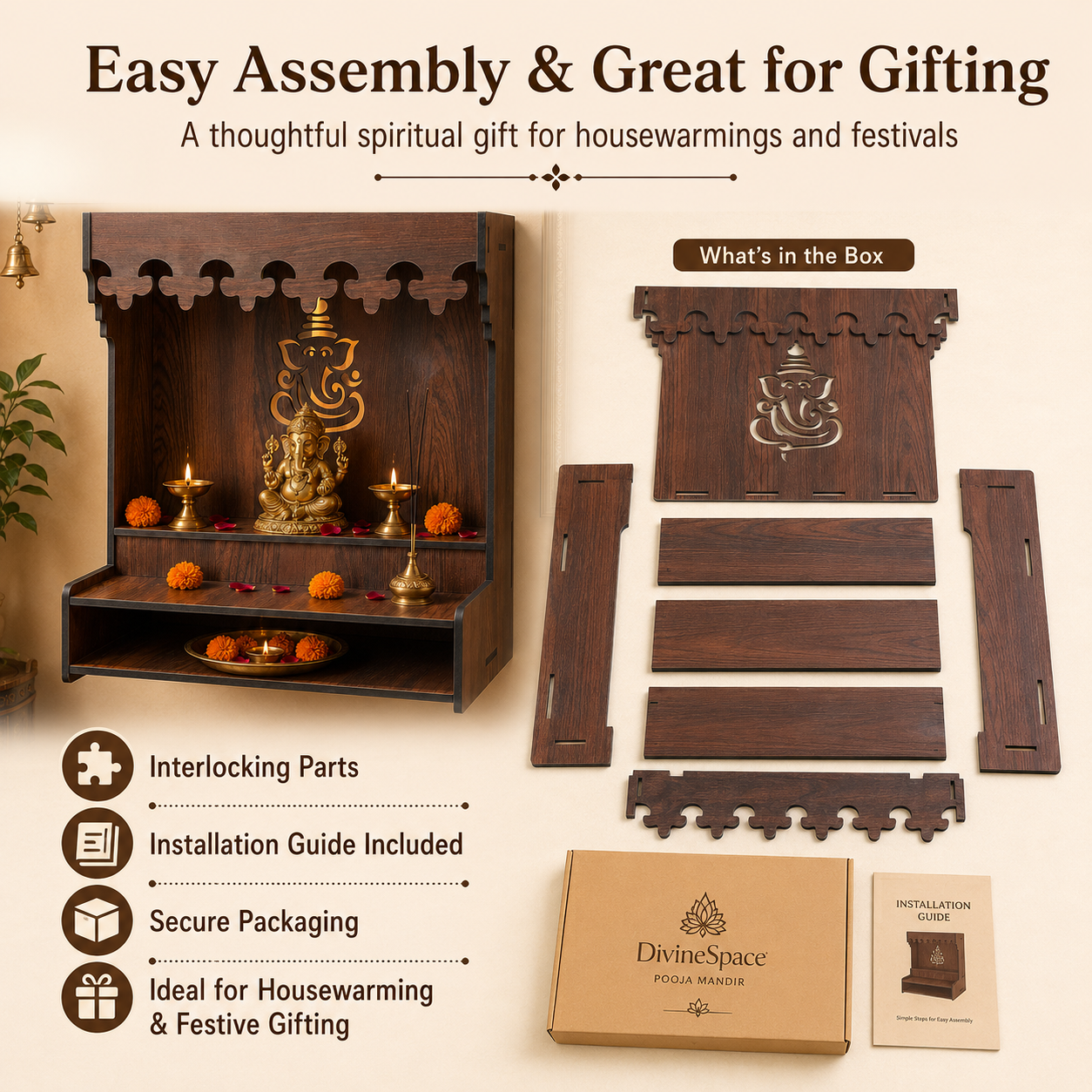 The Castle Decor Wooden Mandir for Home, Wall Hanging & Tabletop Pooja Temple with Ganesha Cutwork, 2-Tier Storage Shelf, Mandir for Pooja Room, Office, Hostel & Apartment, 13 x 15 x 8 Inch