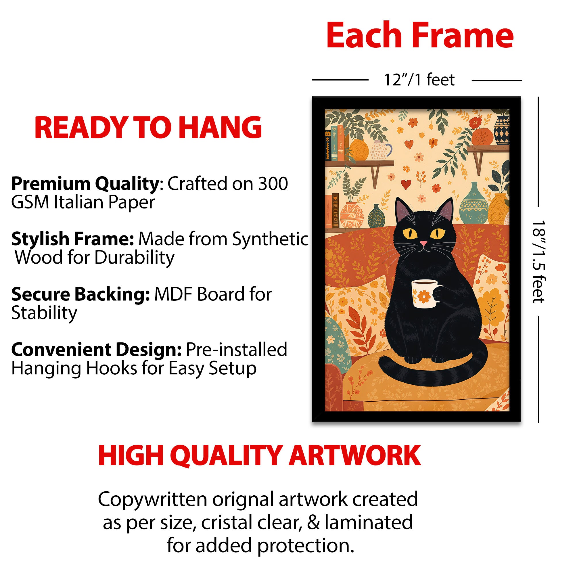 The Castle Decor Cute Black Cat Coffee Wall Art Frame | Cozy Kitchen & Dining Decor | Sparkle Finish MDF Painting with Premium Fiber Frame for Home