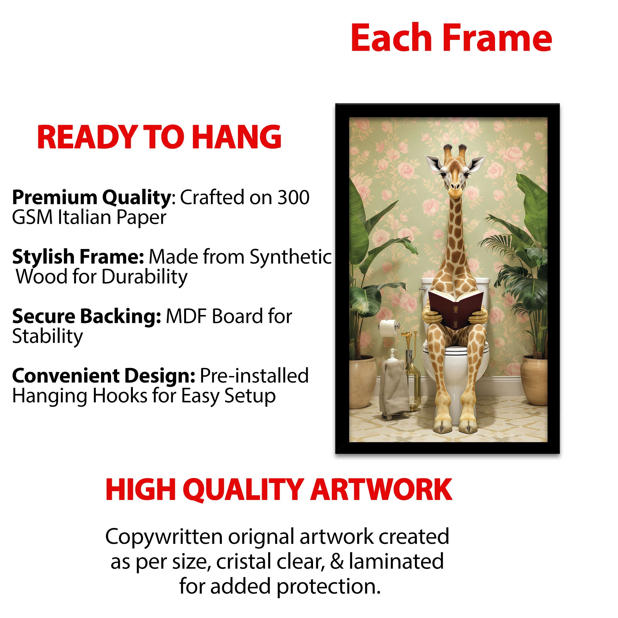 The Castle Decor Funny Giraffe Bathroom Wall Art | Animal Reading on Toilet Framed Poster | Quirky Washroom Decor | Modern Funny Bathroom Painting