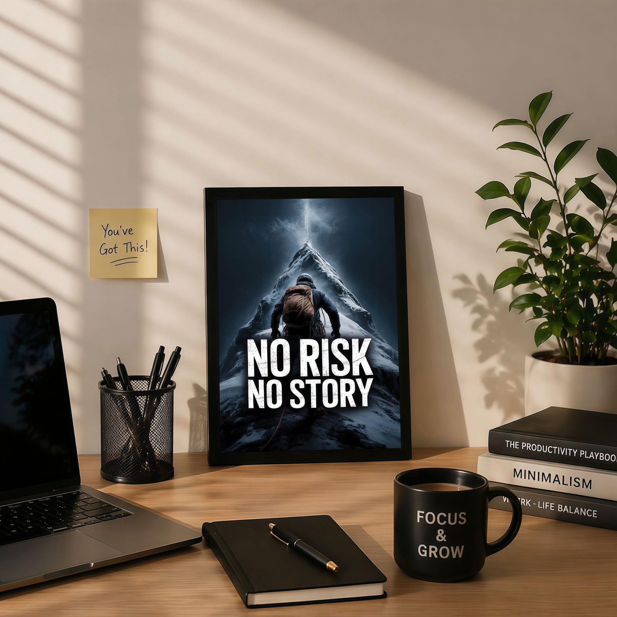The Castle Decor No Risk No Story Motivational Wall Art Frame | Inspirational Quote Climbing Poster for Office, Gym & Study Room Decor