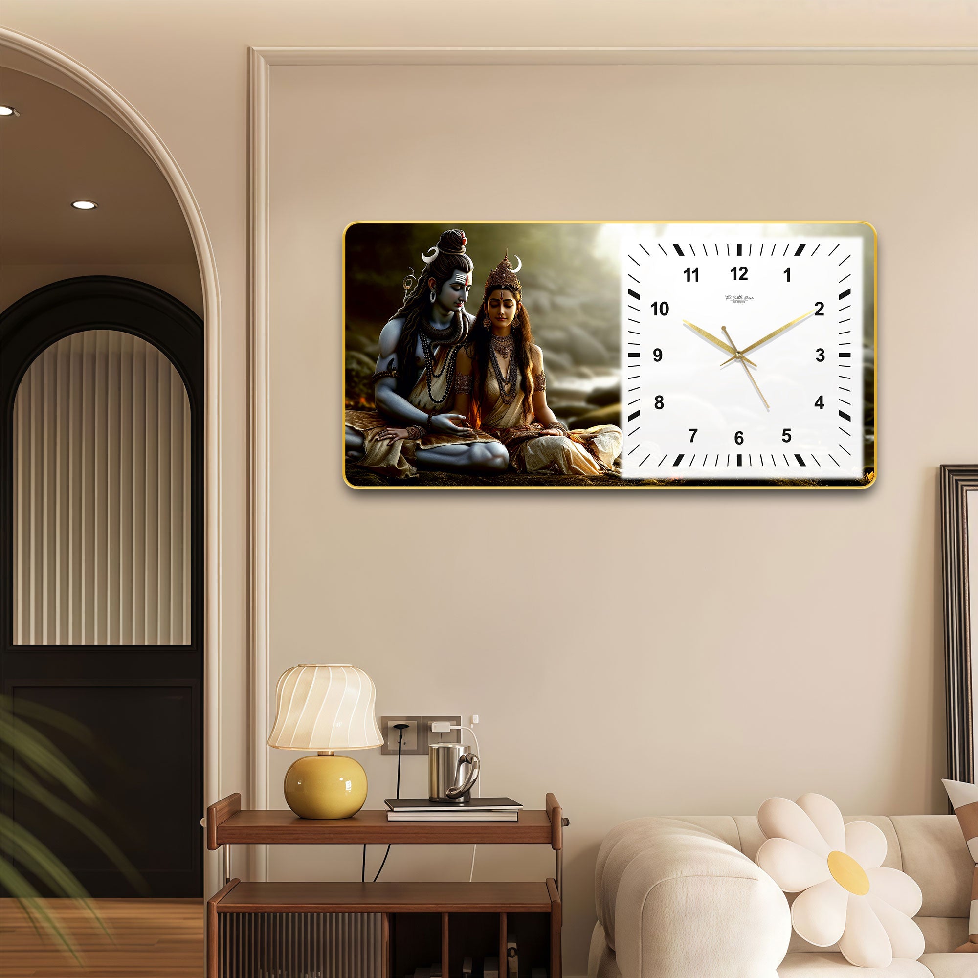 The Castle Decor Shiv Parvati Decorative Wall Clock 24x12 Inch, Silent Sweep Non-Ticking Modern Wall Clock with Golden Slim Frame