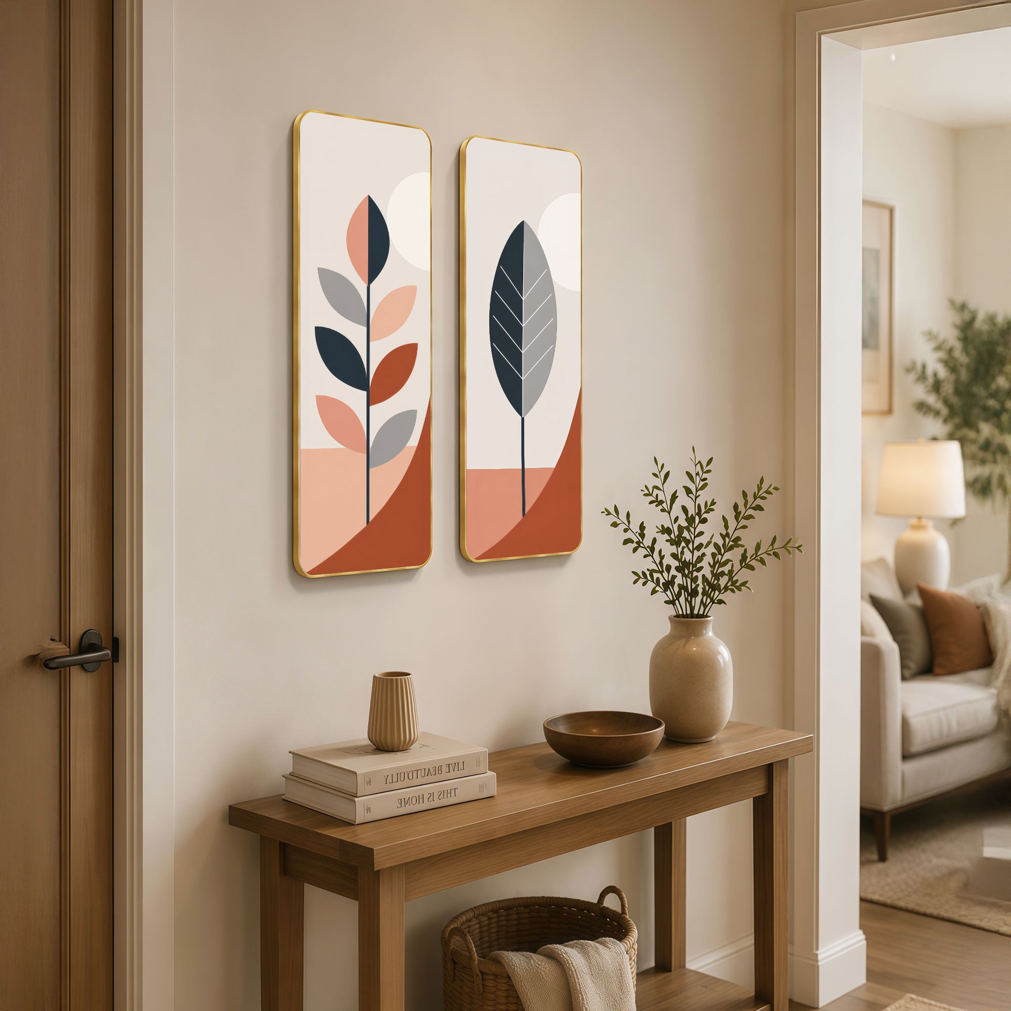 The Castle Decor Modern Abstract Botanical Painting Set of 2 | Beige Terracotta Leaf Wall Art | Aesthetic Home Decor for Hallway Bedroom Office