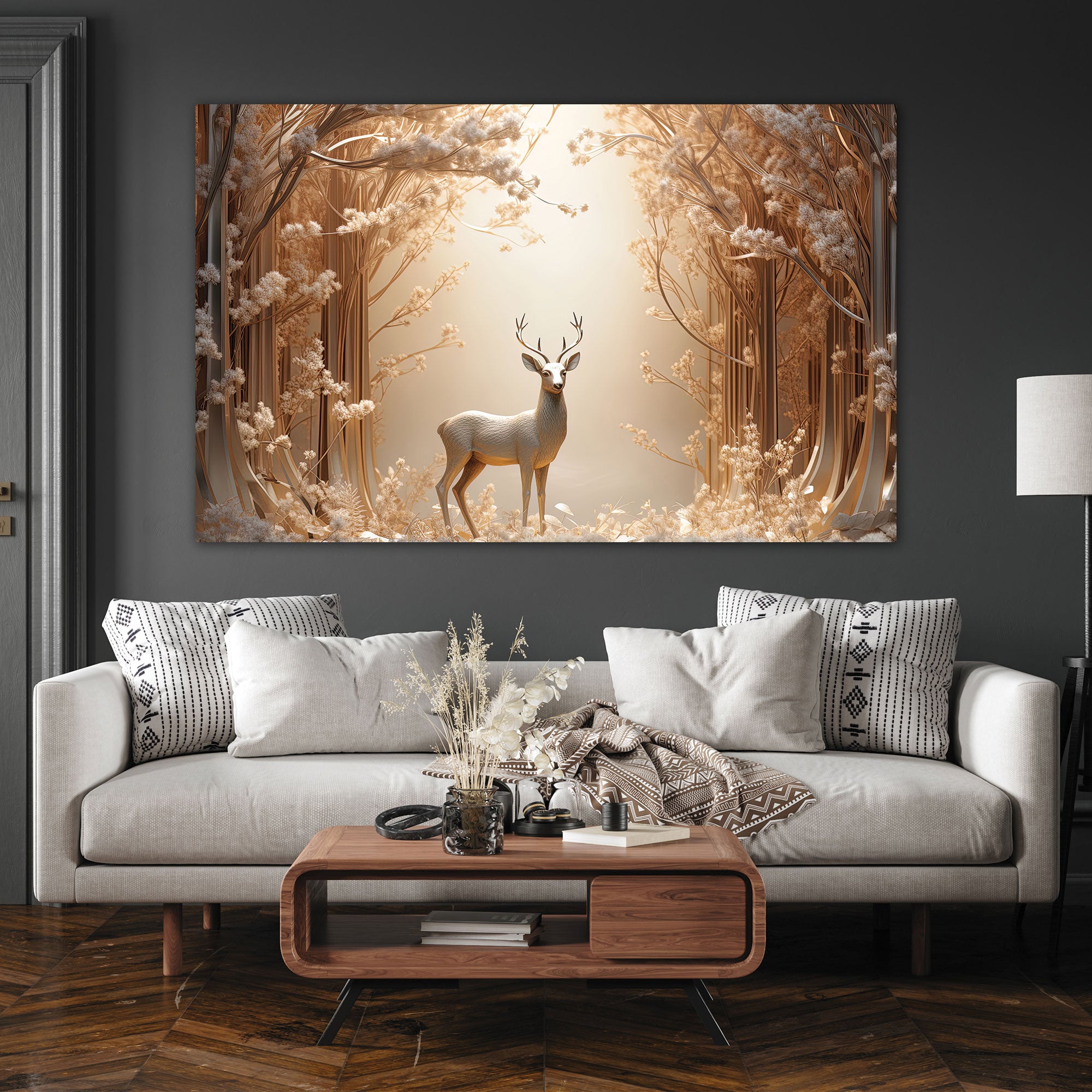 White Golden deer Canvas painting with frame Big Size Wall Art for living room,Bedroom,Drawing room,Hotels
