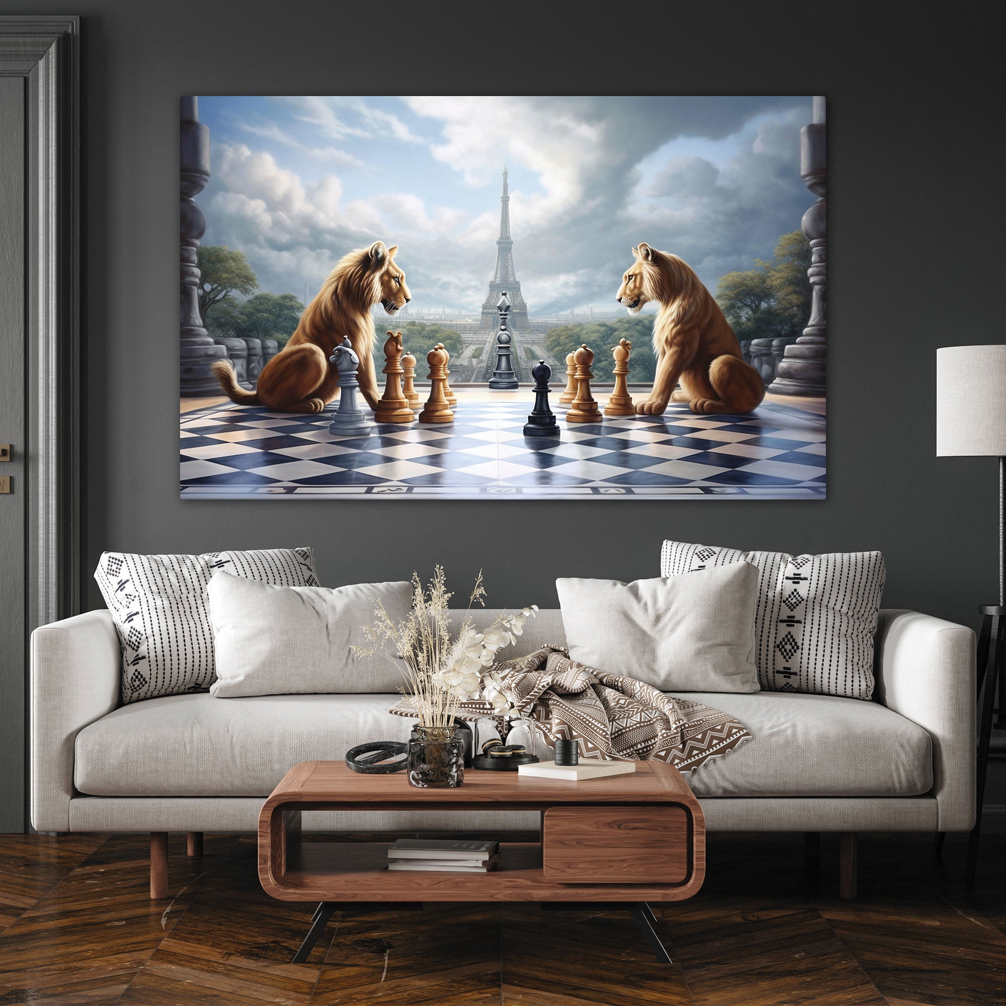 Lions play game chess Canvas painting with frame Big Size Wall Art for living room,Bedroom,Drawing room,Hotels