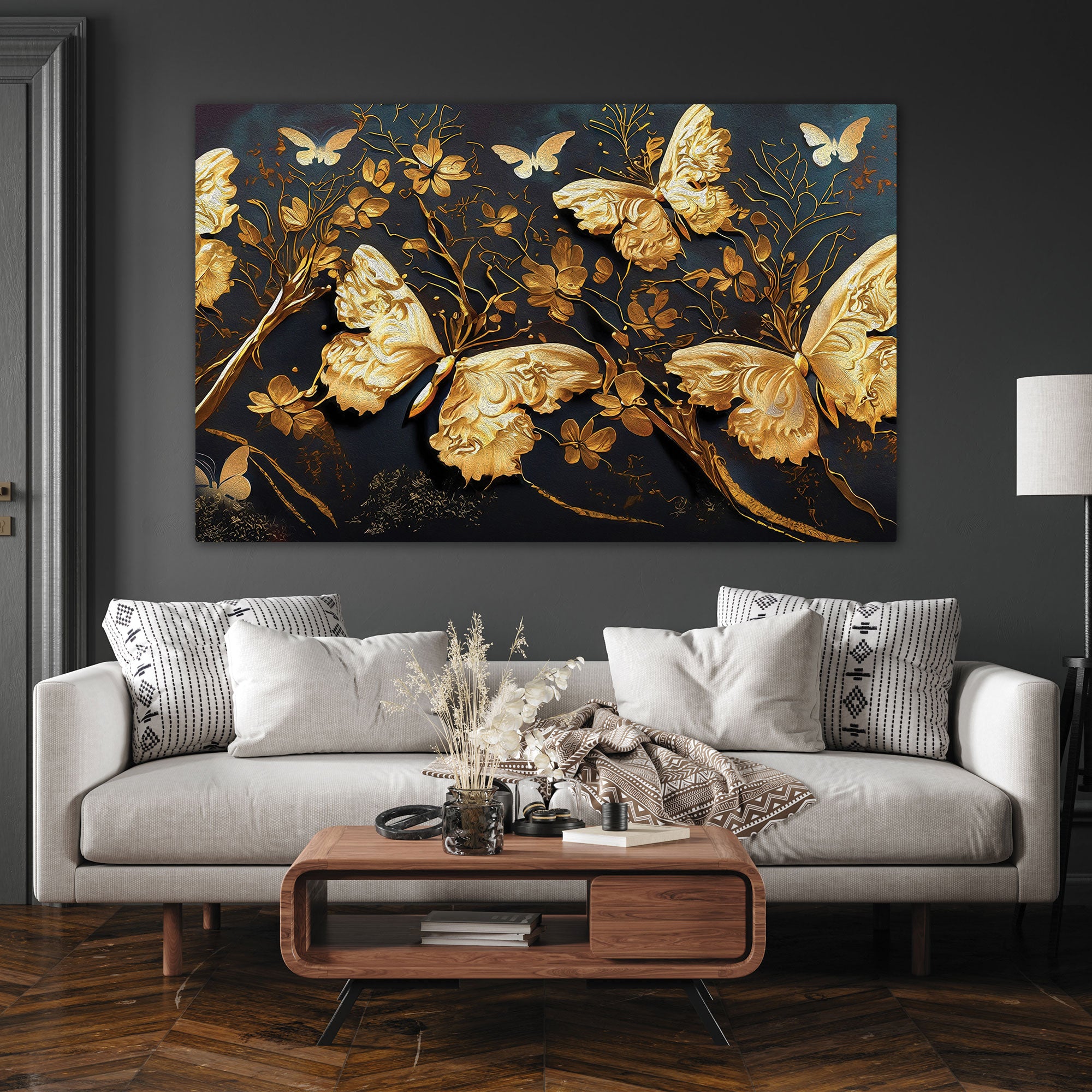 Golden butterflies Canvas painting with frame Big Size Wall Art for living room,Bedroom,Drawing room,Hotels