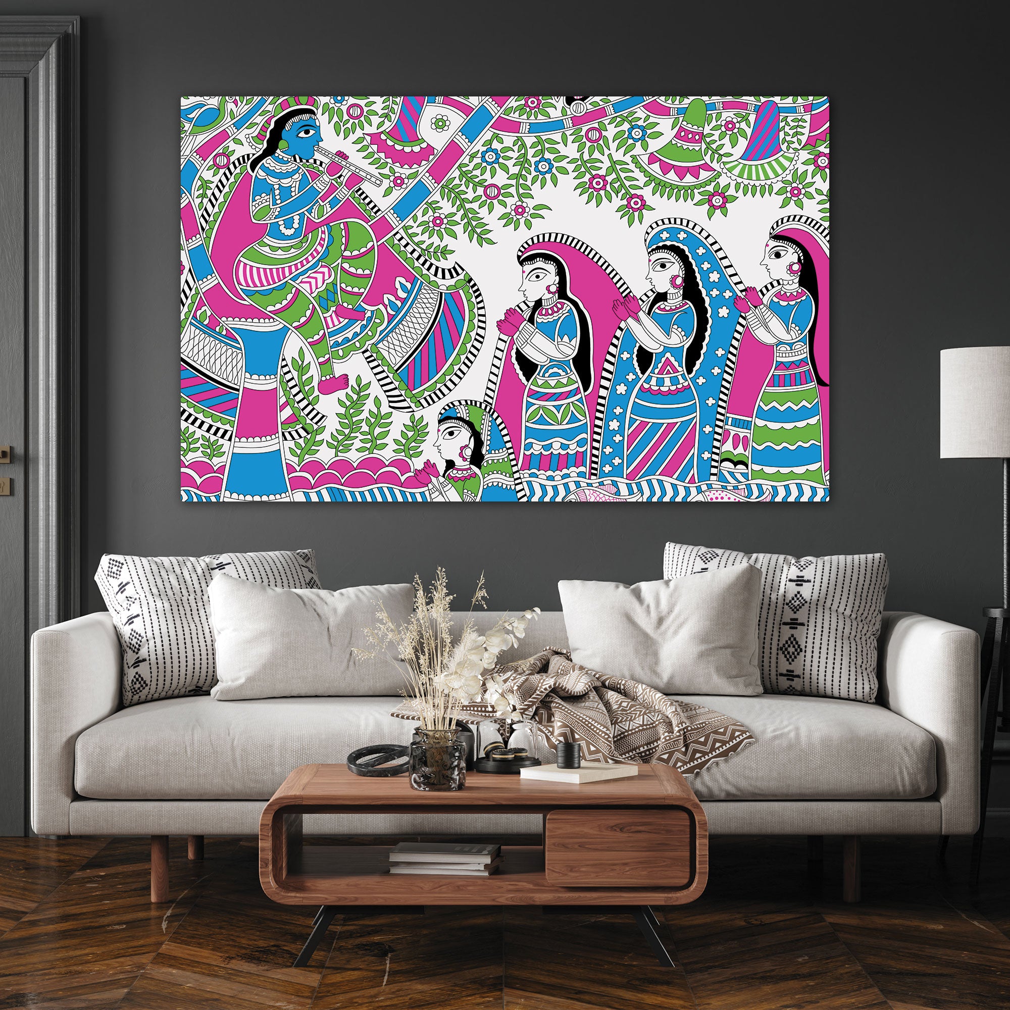Vintage madhubani Canvas painting with frame Big Size Wall Art for living room,Bedroom,Drawing room,Hotels