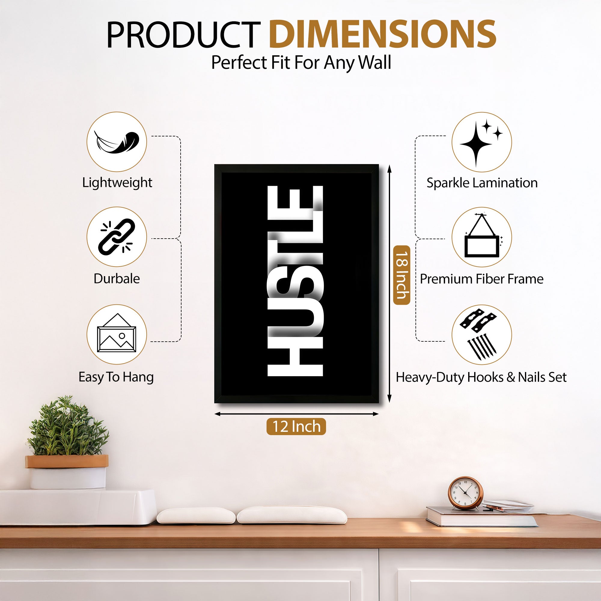 The Castle Decor Hustle Motivational Wall Art Frame | Bold Typography Poster for Gym, Office, Study Room | Black Minimal Inspirational Wall Décor HD Print