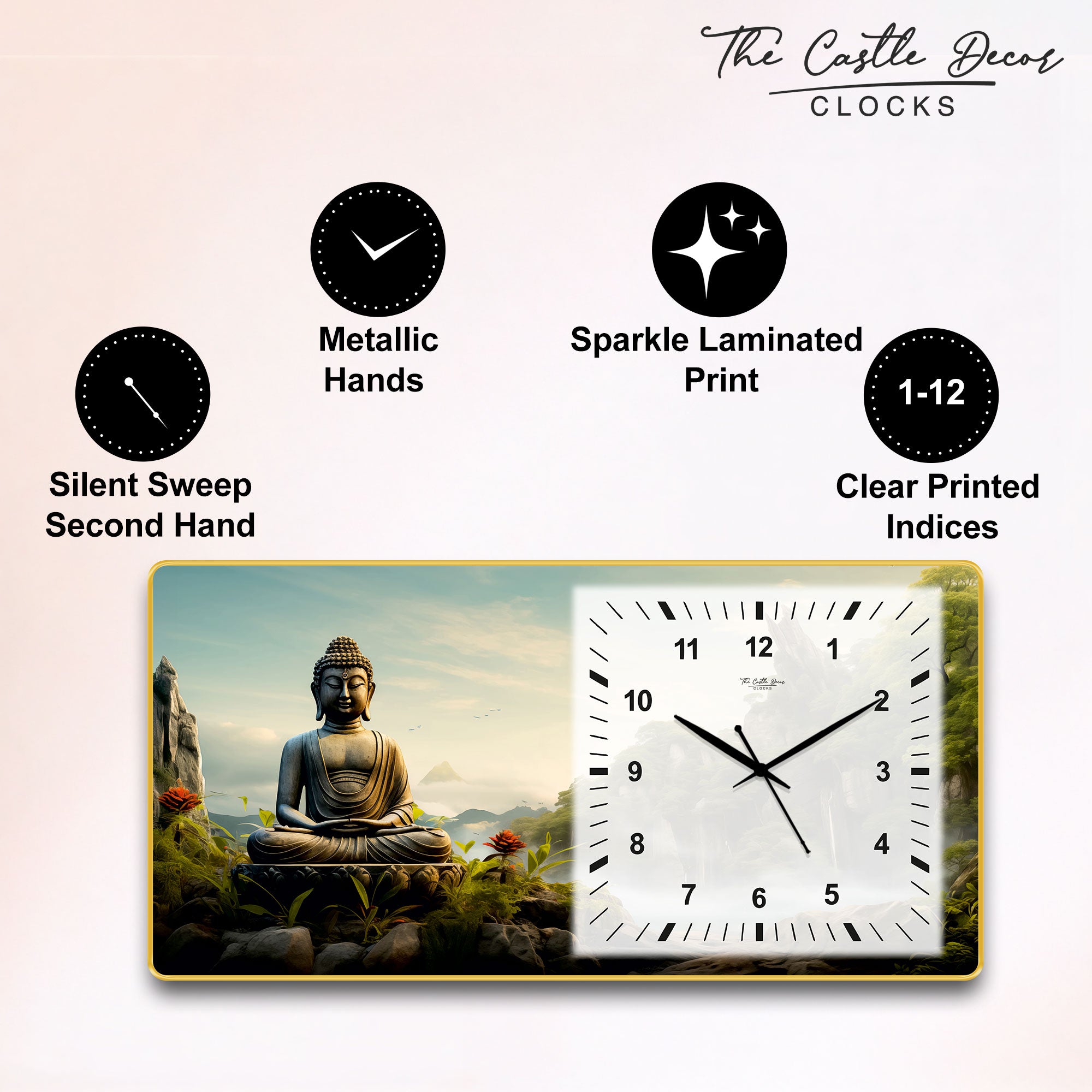 The Castle Decor Buddha Meditation Decorative Wall Clock 24x12 Inch, Silent Sweep Non-Ticking Modern Wall Clock with Golden Slim Frame