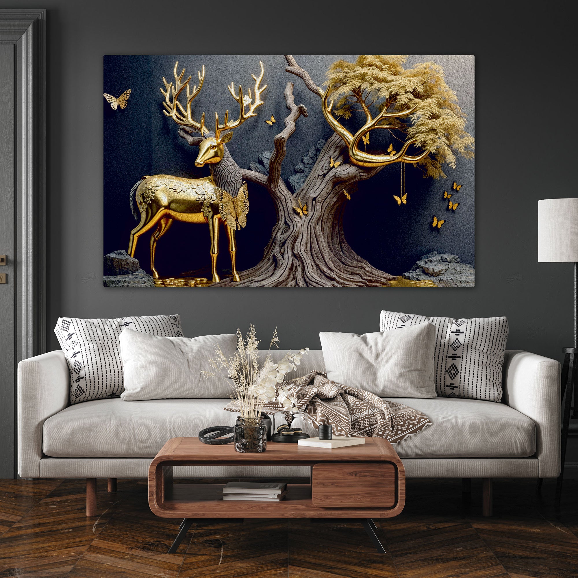 Golden deer vaastu Canvas painting with frame Big Size Wall Art for living room,Bedroom,Drawing room,Hotels
