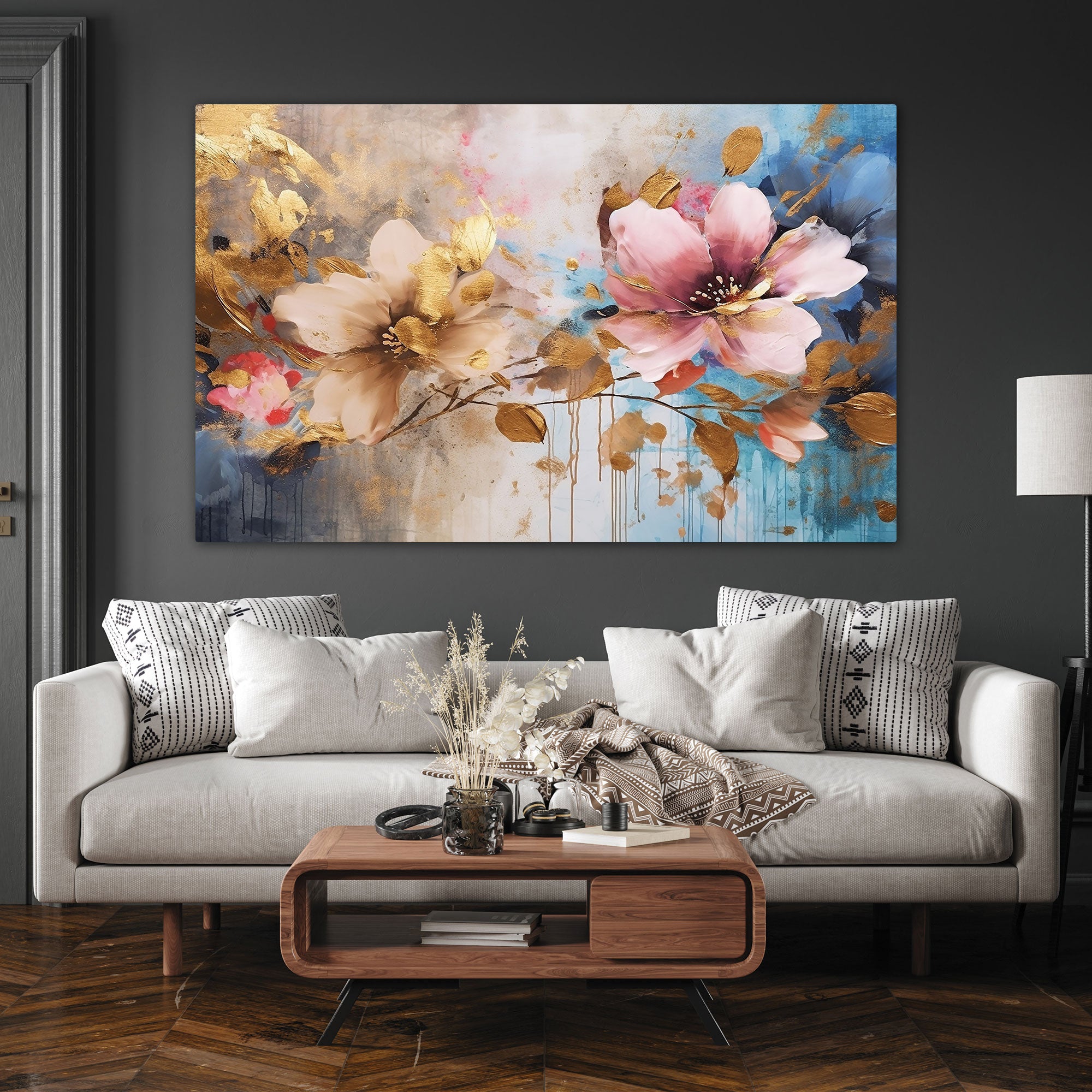 The Castle Decor multiple flower canvas/Sparkle painting with frame Big Size Wall Art for living room,Bedroom,Drawing room,Hotels-Wooden Framed-Digital Painting
