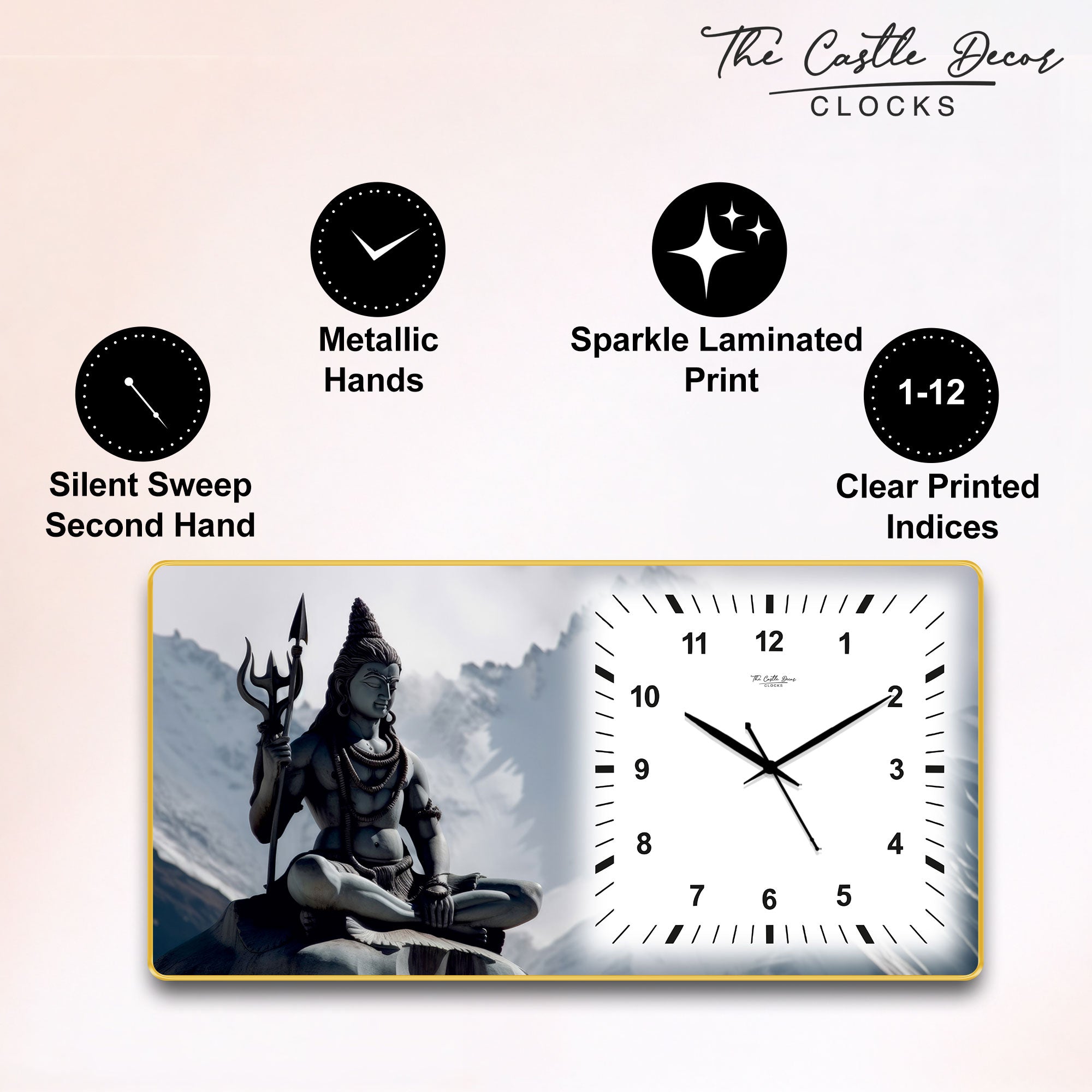 The Castle Decor Lord Shiva Meditation Decorative Wall Clock 24x12 Inch, Silent Sweep Non-Ticking Modern Wall Clock with Golden Slim Frame
