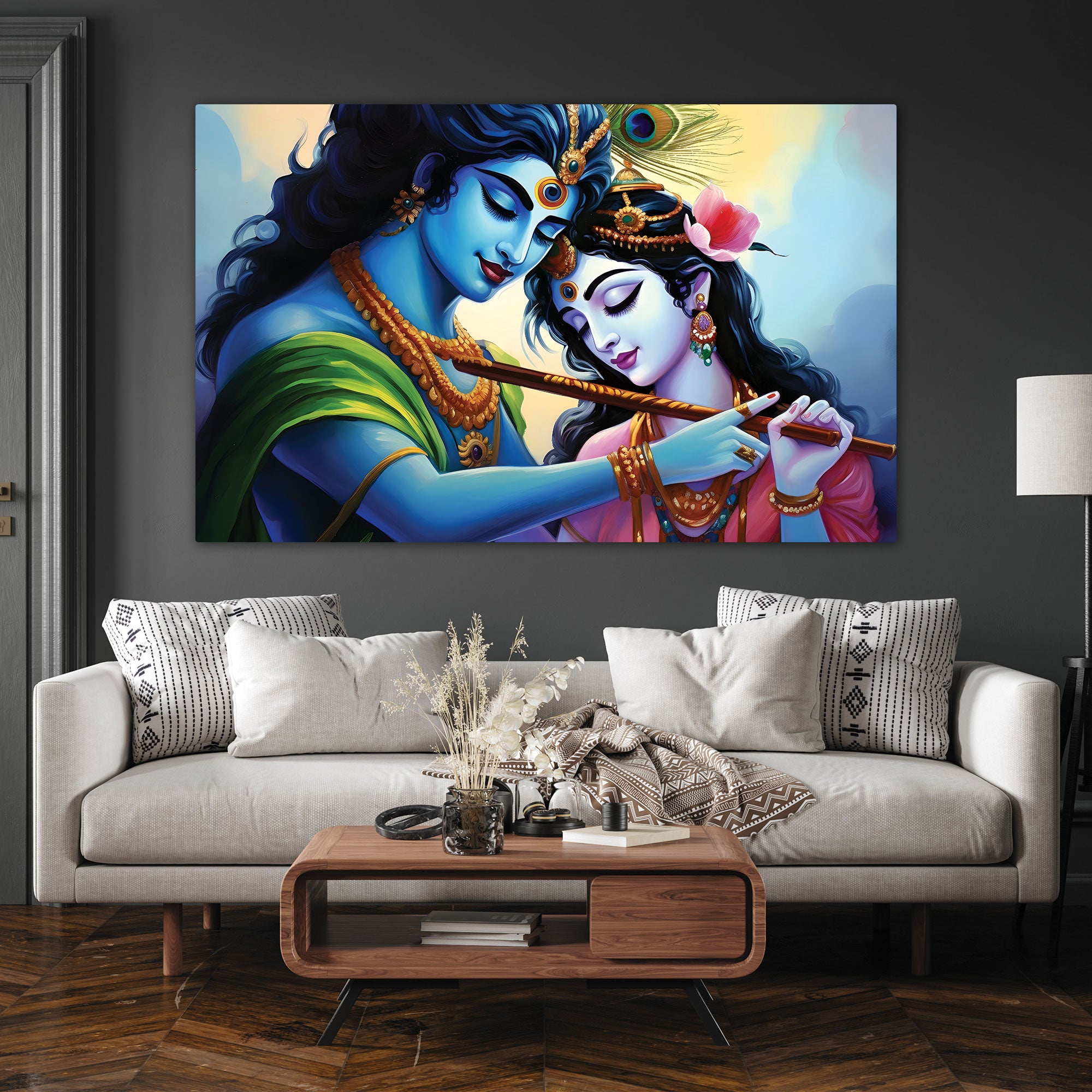The Castle Decor radha krishna flute canvas/Sparkle painting with frame Big Size Wall Art for living room,Bedroom,Drawing room,Hotels-Wooden Framed-Digital Painting