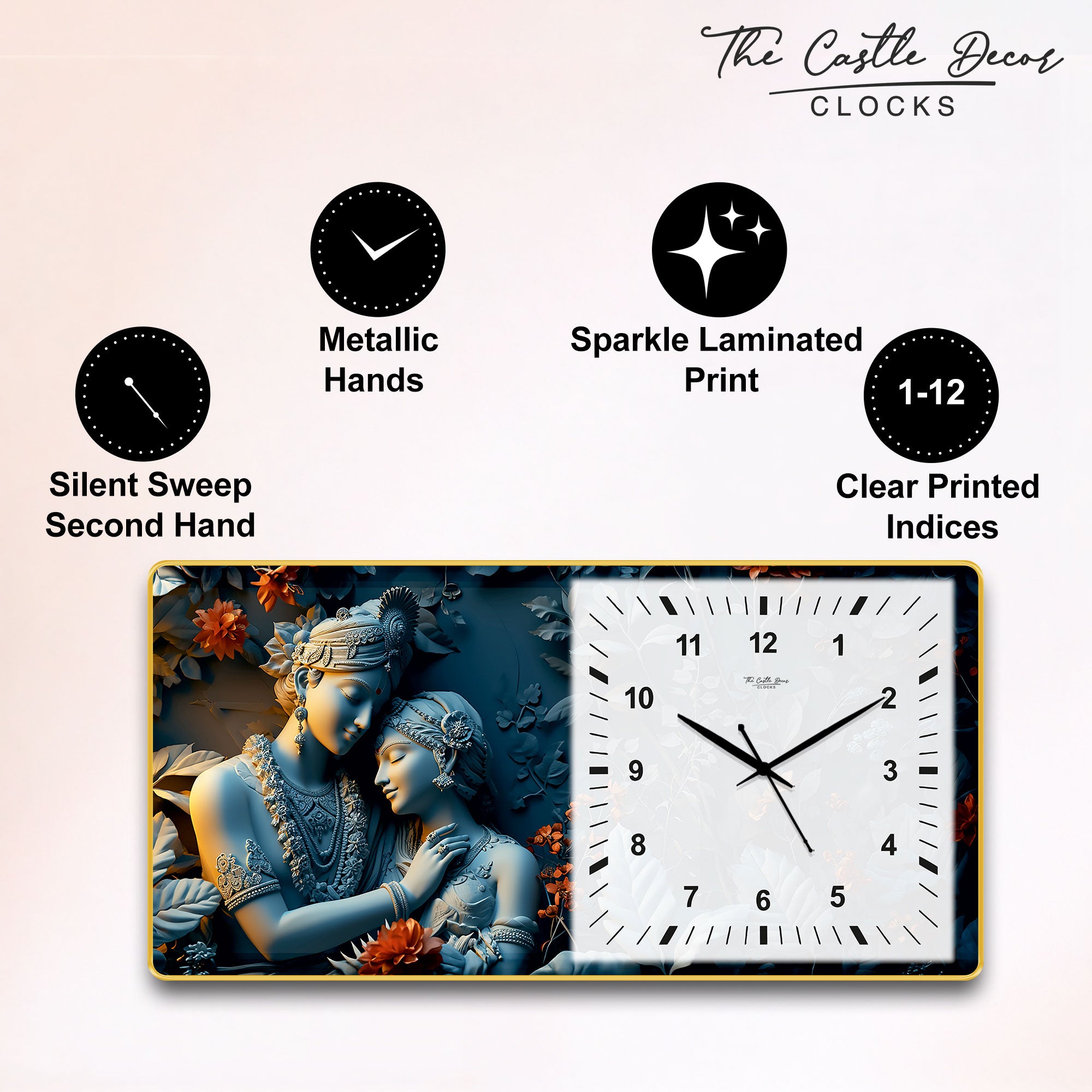 The Castle Decor Radha Krishna Decorative Wall Clock 24x12 Inch, Silent Sweep Non-Ticking Modern Wall Clock with Golden Slim Frame