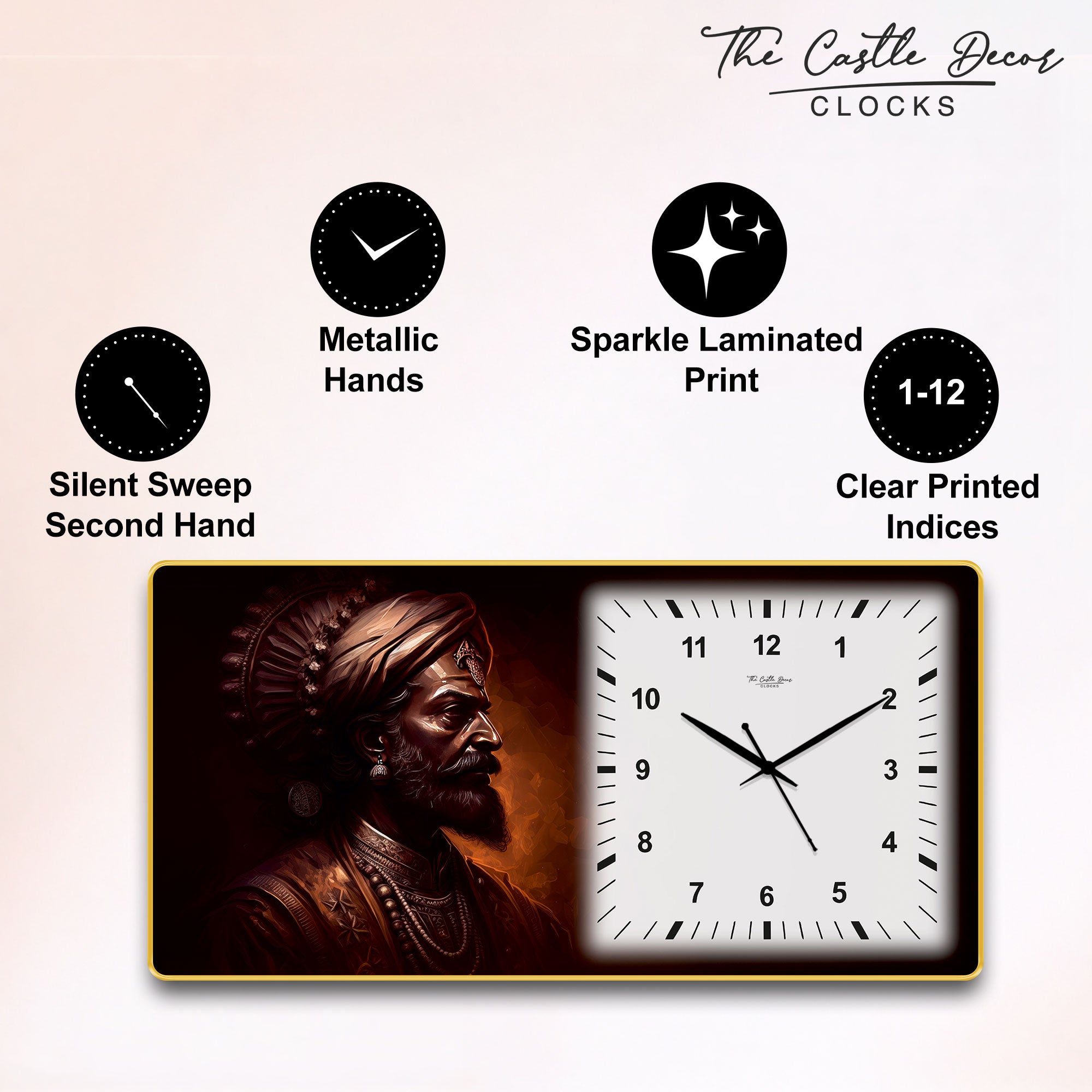 The Castle Decor Chhatrapati Shivaji Maharaj Decorative Wall Clock 24x12 Inch, Silent Sweep Non-Ticking Modern Wall Clock with Golden Slim Frame