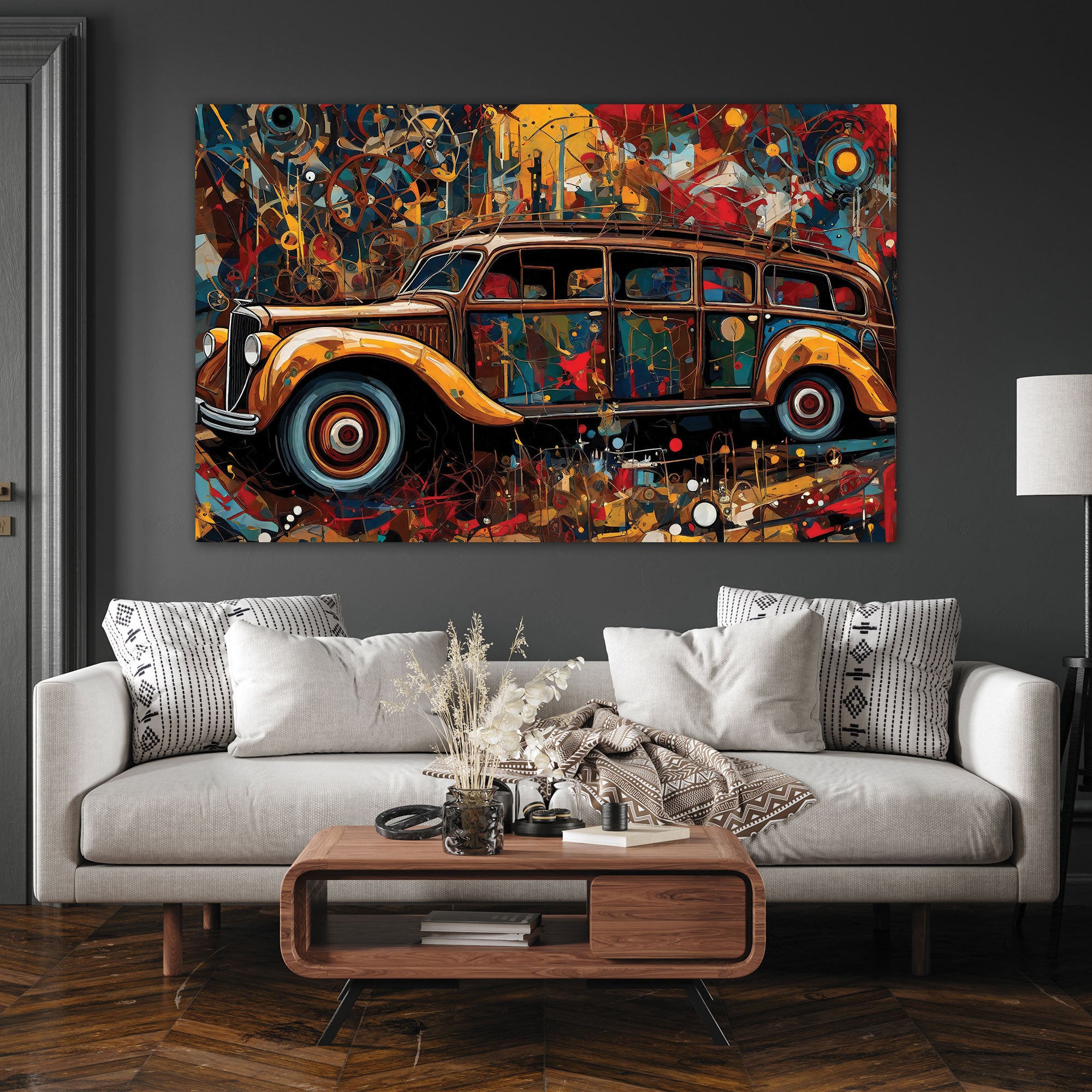 VintageAbstract car Canvas painting with frame Big Size Wall Art for living room,Bedroom,Drawing room,Hotels
