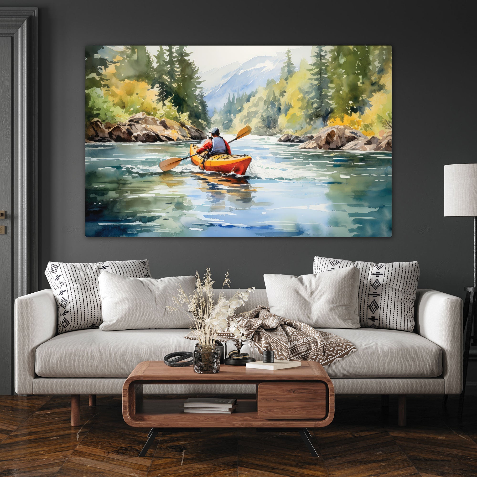 Man paddling in river Canvas painting with frame Big Size Wall Art for living room,Bedroom,Drawing room,Hotels