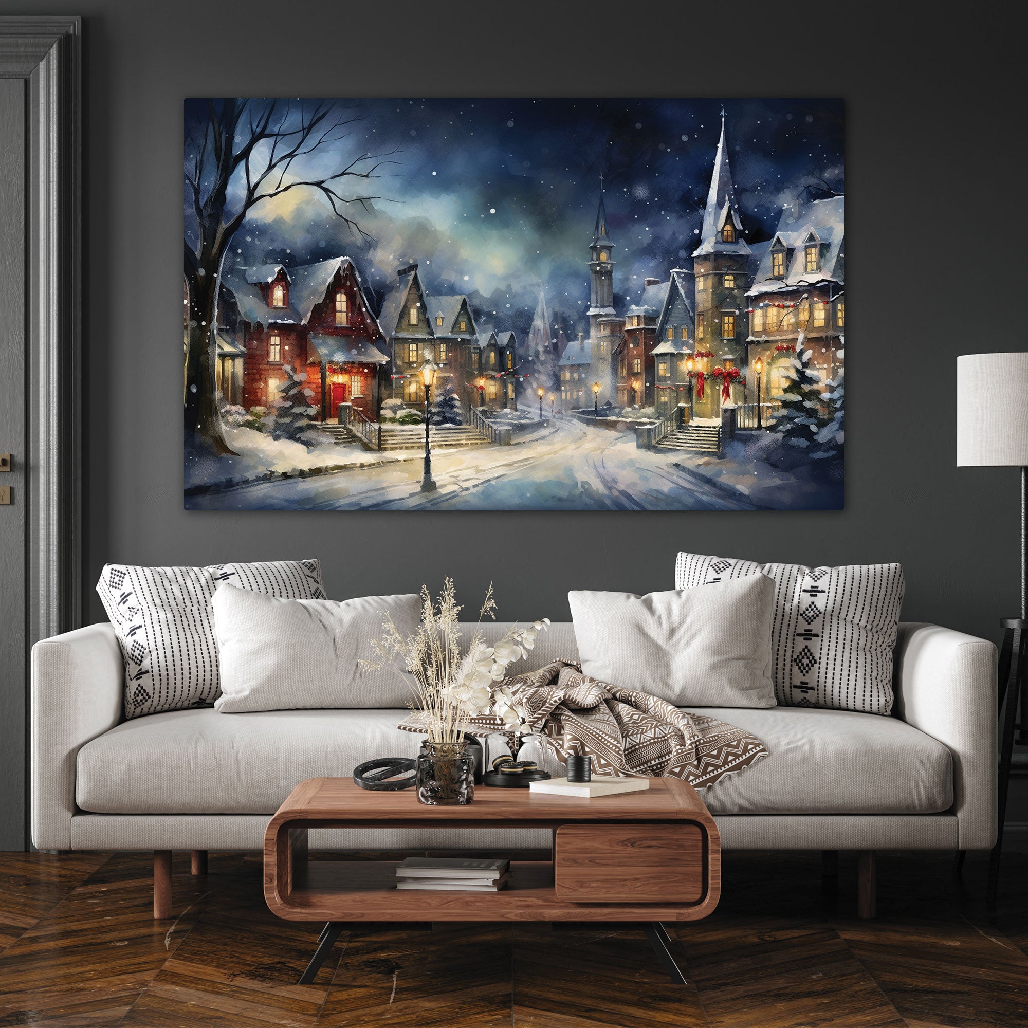 Vintage Christmas villlage Canvas painting with frame Big Size Wall Art for living room,Bedroom,Drawing room,Hotels