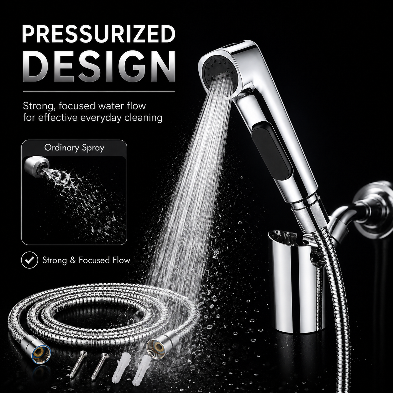 The Castle Decor Health Faucet Set with SS Hose for Toilet & Bathroom, Handheld Bidet Sprayer, Chrome Finish, Press Trigger, Wall Holder & G1/2 Connection