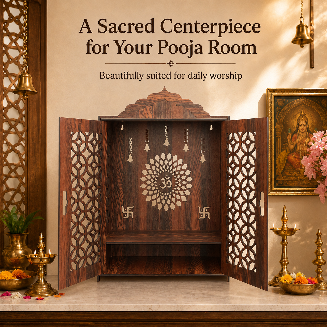 The Castle Decor Wooden Mandir for Home, Premium MDF Home Temple with Double Doors for Pooja Room, Wall Hanging & Tabletop Temple, Matte Finish, 16 x 22 x 10 Inch
