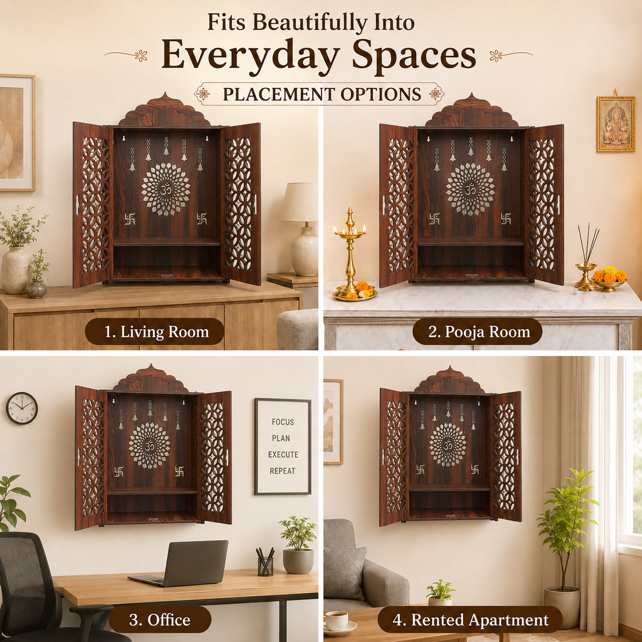The Castle Decor Wooden Mandir for Home, Premium MDF Home Temple with Double Doors for Pooja Room, Wall Hanging & Tabletop Temple, Matte Finish, 16 x 22 x 10 Inch