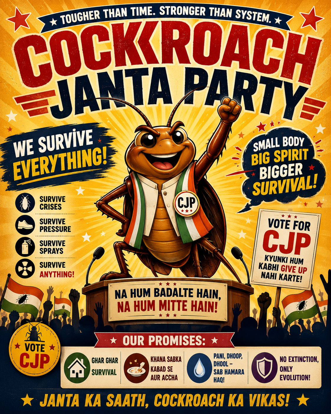 Cockroach Janta Party Poster | Funny Satirical Wall Art | Print & Framed Options