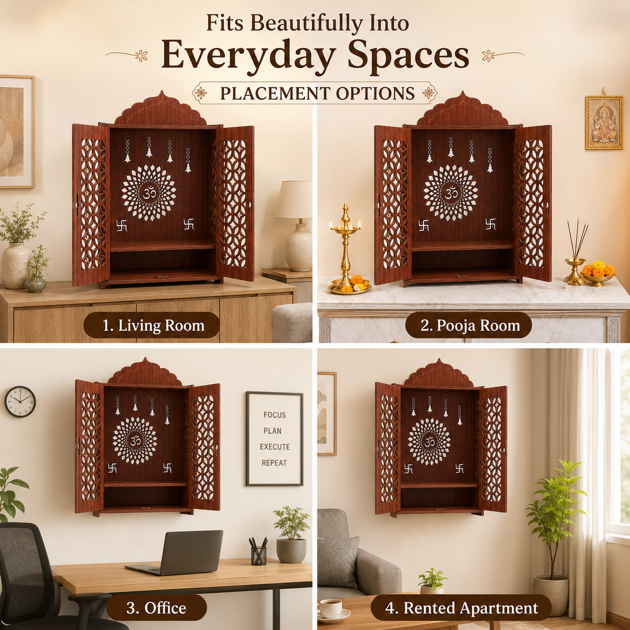 The Castle Decor Wooden Mandir for Home, Premium MDF Home Temple with Double Doors for Pooja Room, Wall Hanging & Tabletop Temple, Matte Finish, 16.5 x 24.5 x 10.5 Inch