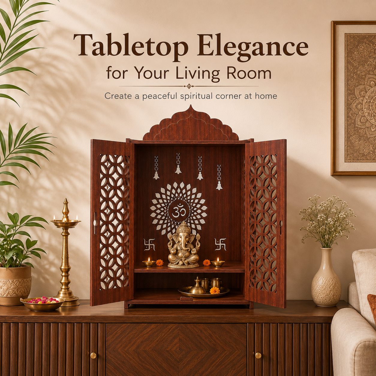 The Castle Decor Wooden Mandir for Home, Premium MDF Home Temple with Double Doors for Pooja Room, Wall Hanging & Tabletop Temple, Matte Finish, 16.5 x 24.5 x 10.5 Inch