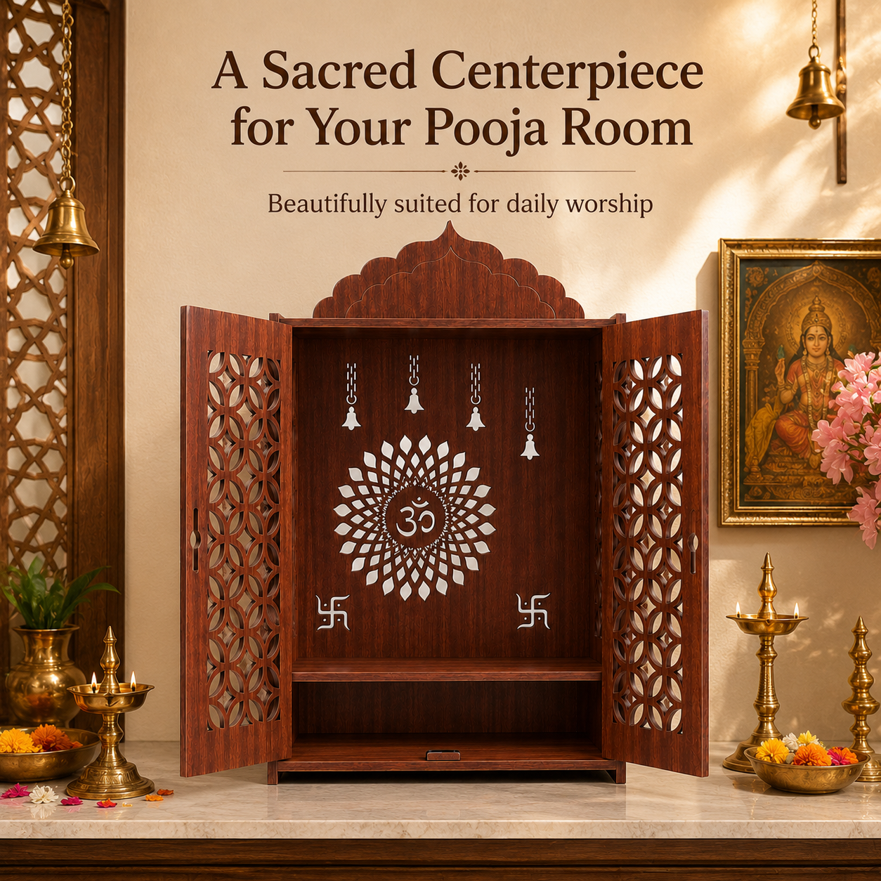 The Castle Decor Wooden Mandir for Home, Premium MDF Home Temple with Double Doors for Pooja Room, Wall Hanging & Tabletop Temple, Matte Finish, 16.5 x 24.5 x 10.5 Inch