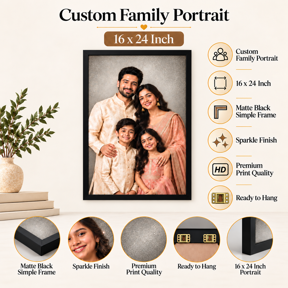 Custom Photo Frame for Wall – Personalized Family Portrait Set of 3 | Black Frame | The Castle Decor | 16x24