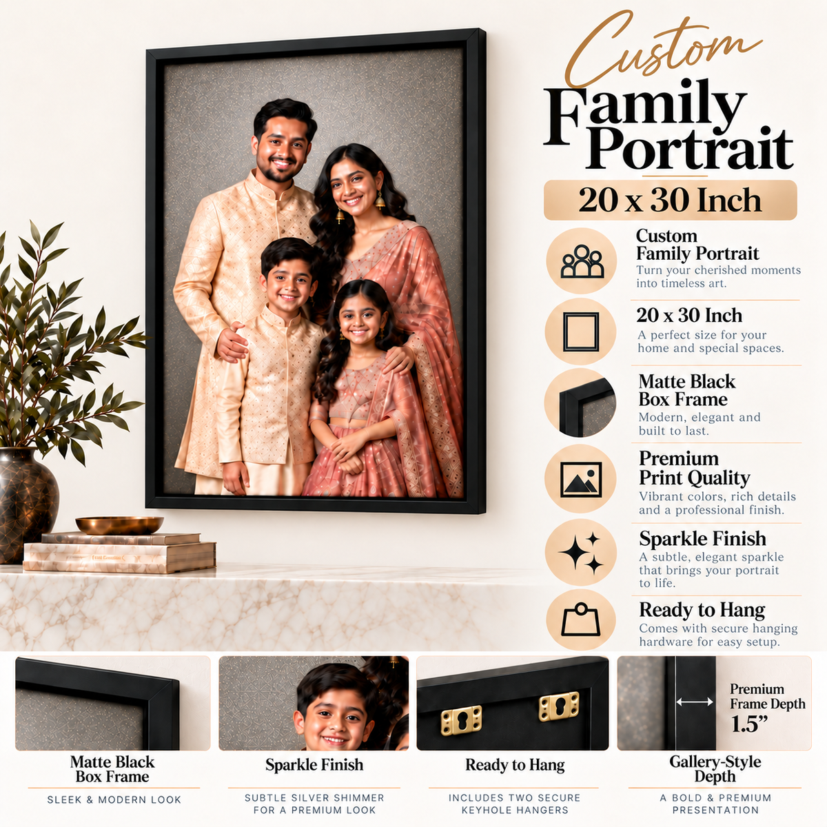 Personalized Family Photo Frame – Custom Portrait Wall Art | Black Box Frame | 20x30