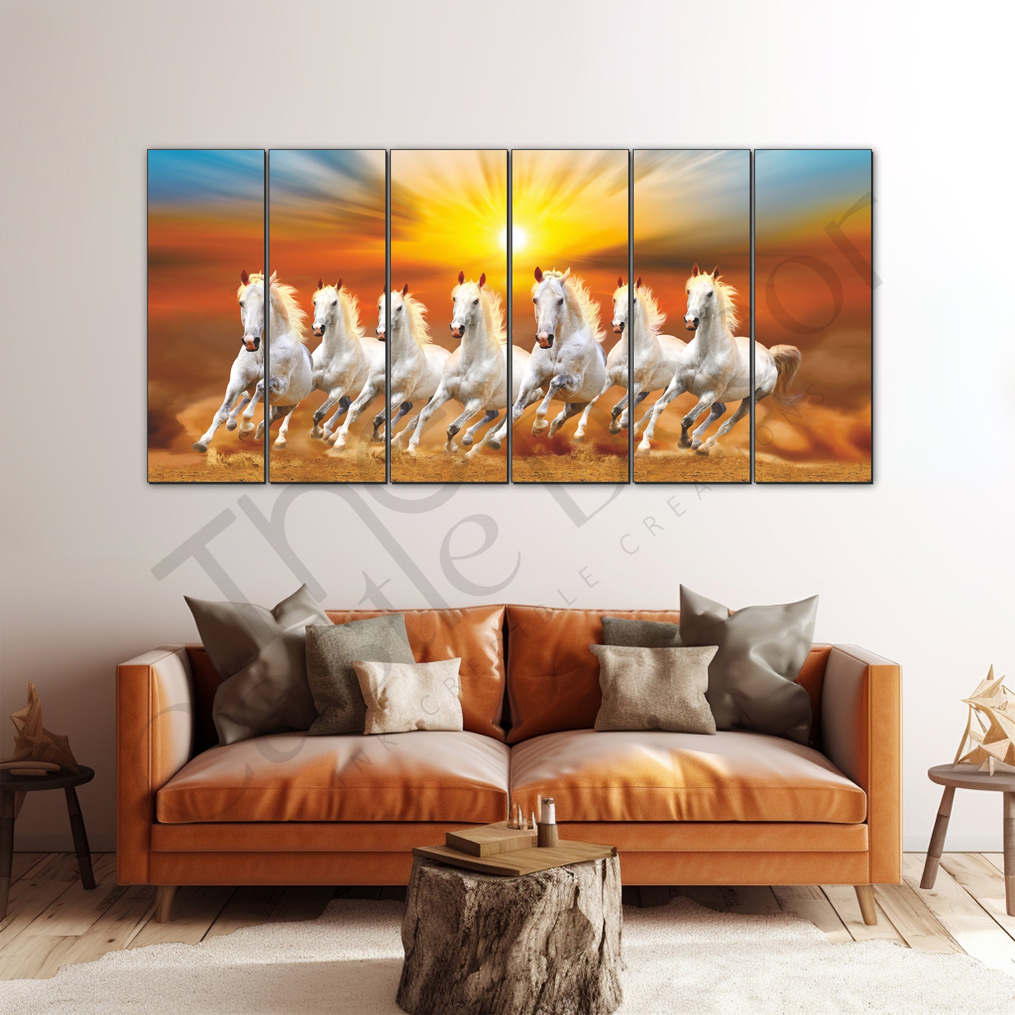 The Castle Decor-7 horse running with rising sun vastu painting frame painting Set of 6 Big Size Multiple Frames Wall Art Painting for living room,-Wooden Framed-Digital Painting