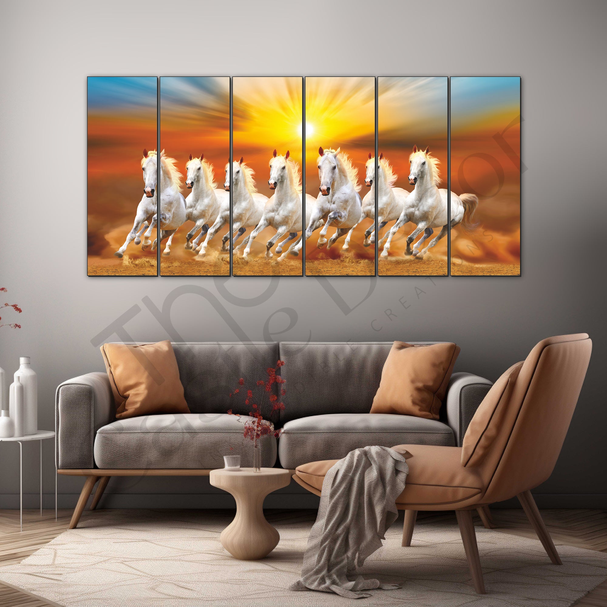 The Castle Decor-7 horse running with rising sun vastu painting frame painting Set of 6 Big Size Multiple Frames Wall Art Painting for living room,-Wooden Framed-Digital Painting