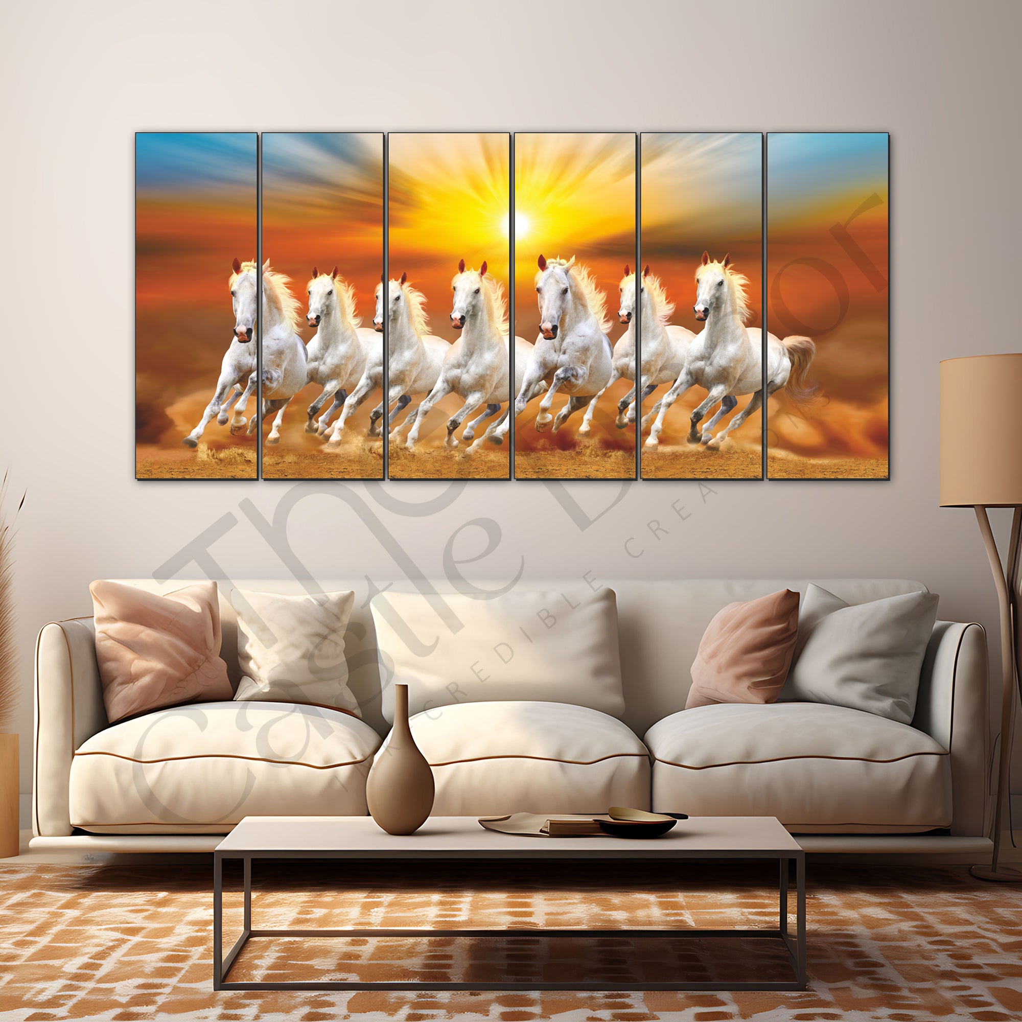 The Castle Decor-7 horse running with rising sun vastu painting frame painting Set of 6 Big Size Multiple Frames Wall Art Painting for living room,-Wooden Framed-Digital Painting