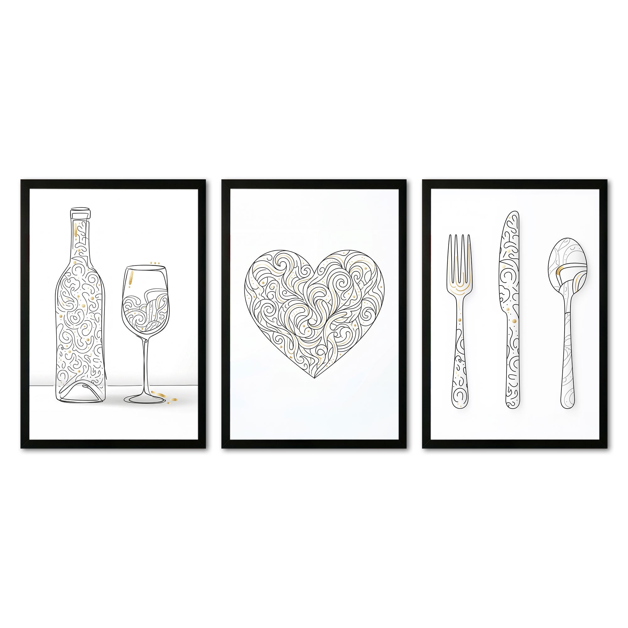 The Castle Decor Minimal Kitchen Wall Art Set of 3 Frame | Wine, Heart & Cutlery Line Art Decor | Sparkle Lamination Finish with Premium Fiber Frame for Dining