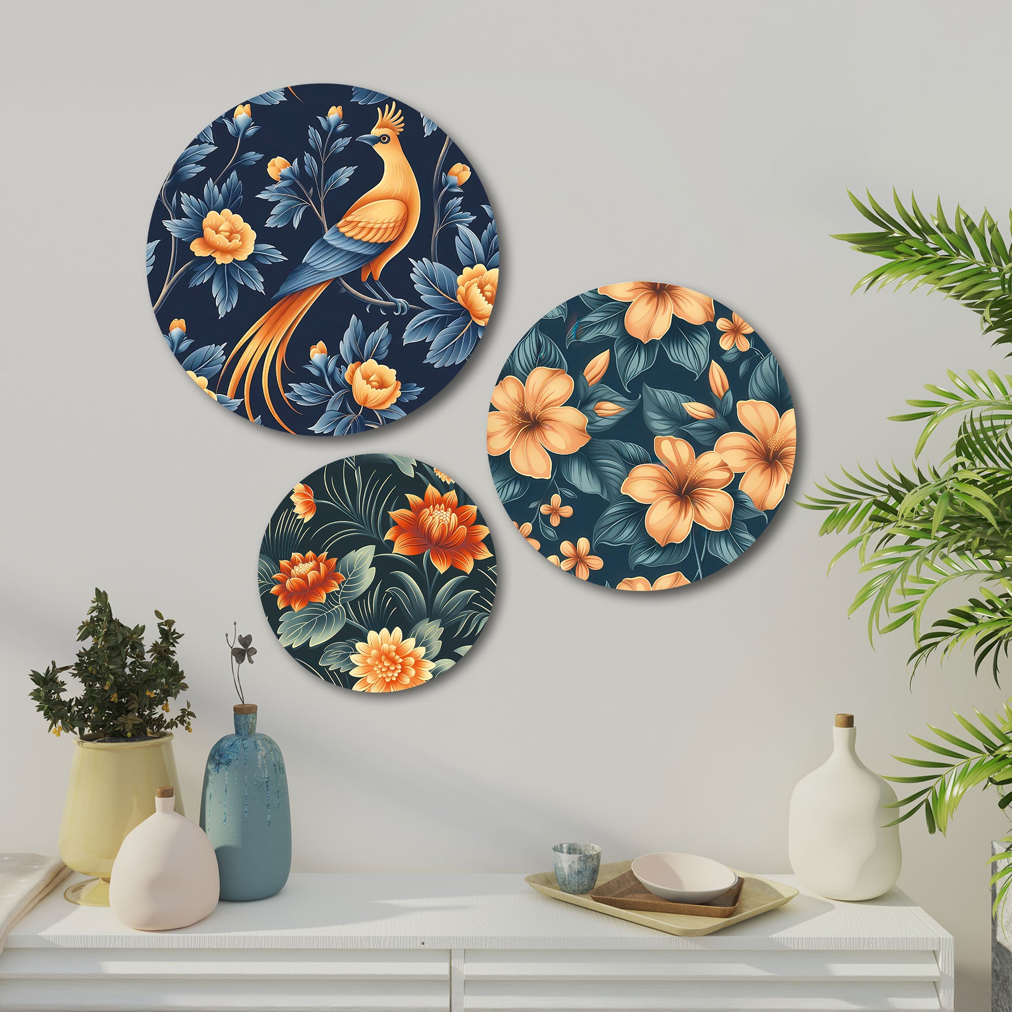 The Castle Decor Floral Bird Wall Plates | Set of 3 Decorative Multi-Color MDF Plates with Exotic Bird & Flower Designs | Modern Wall Art for Living Room, Bedroom & Home Decor