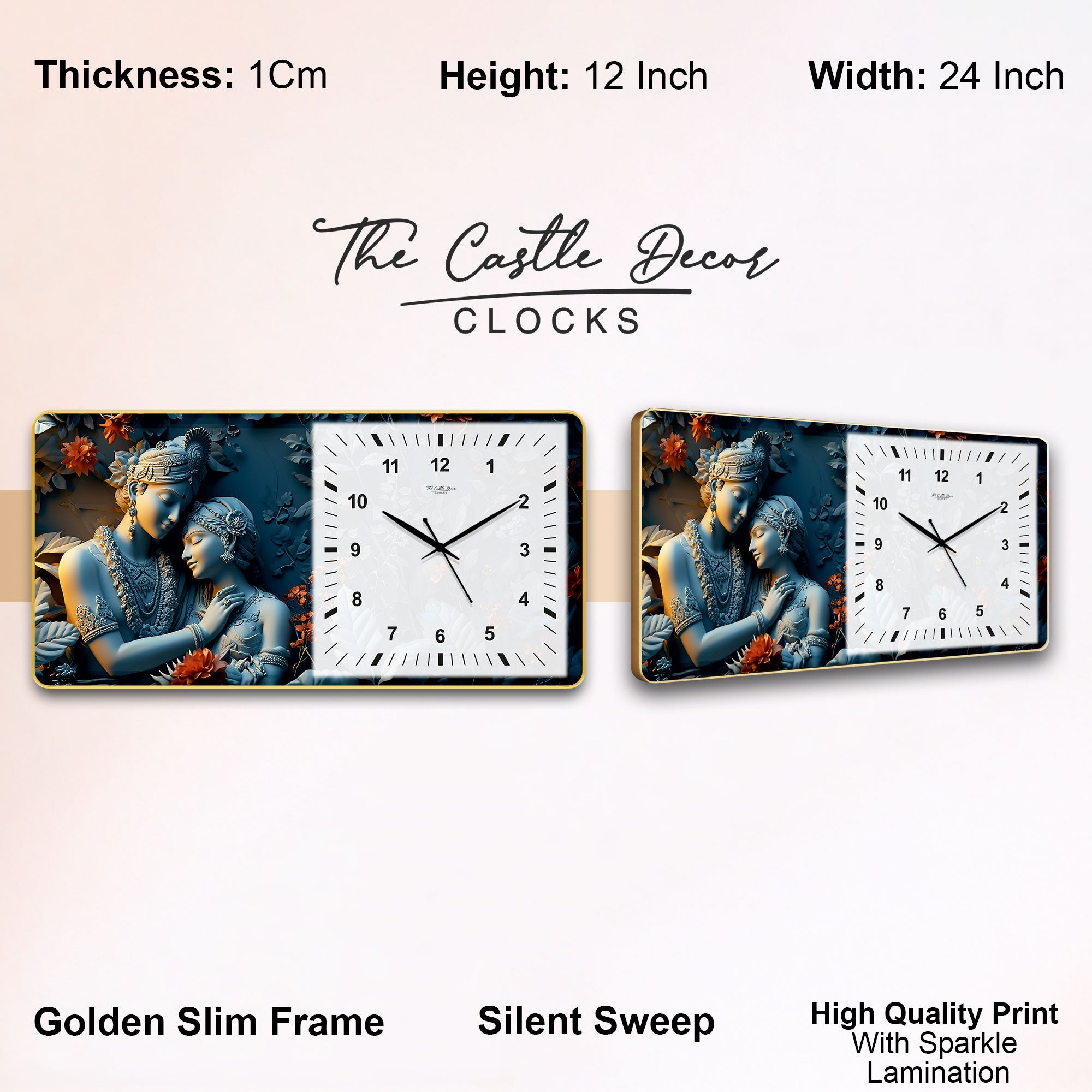 The Castle Decor Radha Krishna Decorative Wall Clock 24x12 Inch, Silent Sweep Non-Ticking Modern Wall Clock with Golden Slim Frame