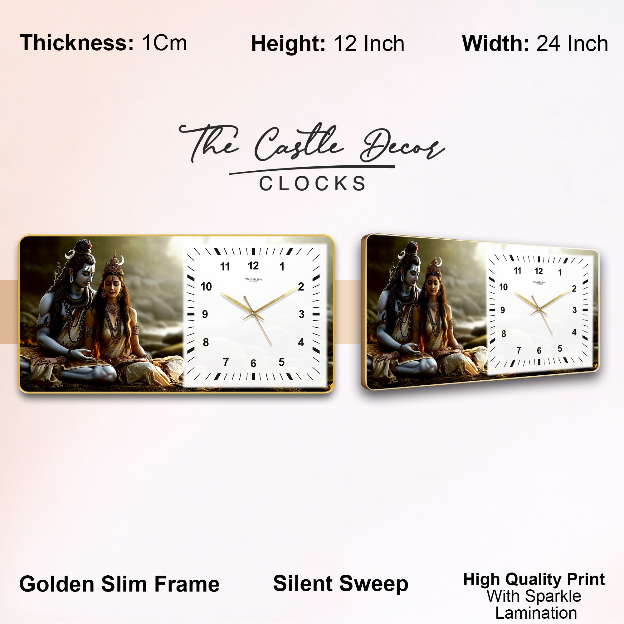 The Castle Decor Shiv Parvati Decorative Wall Clock 24x12 Inch, Silent Sweep Non-Ticking Modern Wall Clock with Golden Slim Frame